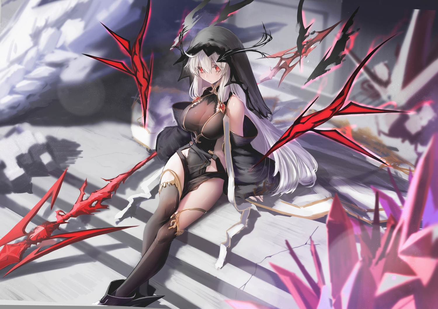 celeryma, dress, long_hair, original, red_eyes, stairs, thighhighs, weapon