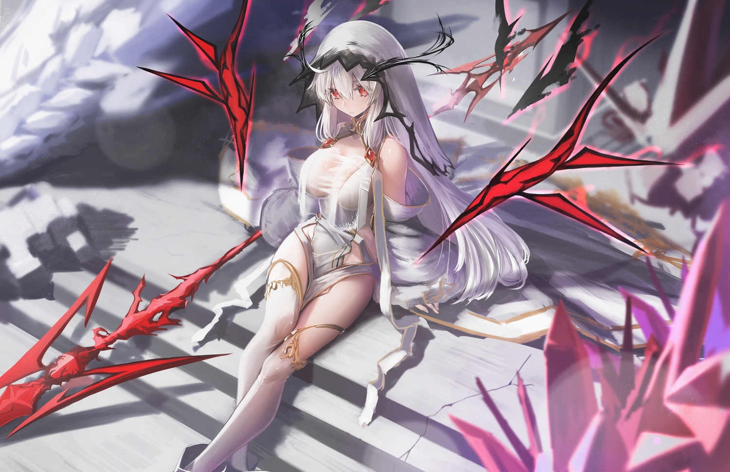 celeryma, dress, long_hair, original, red_eyes, stairs, thighhighs, weapon