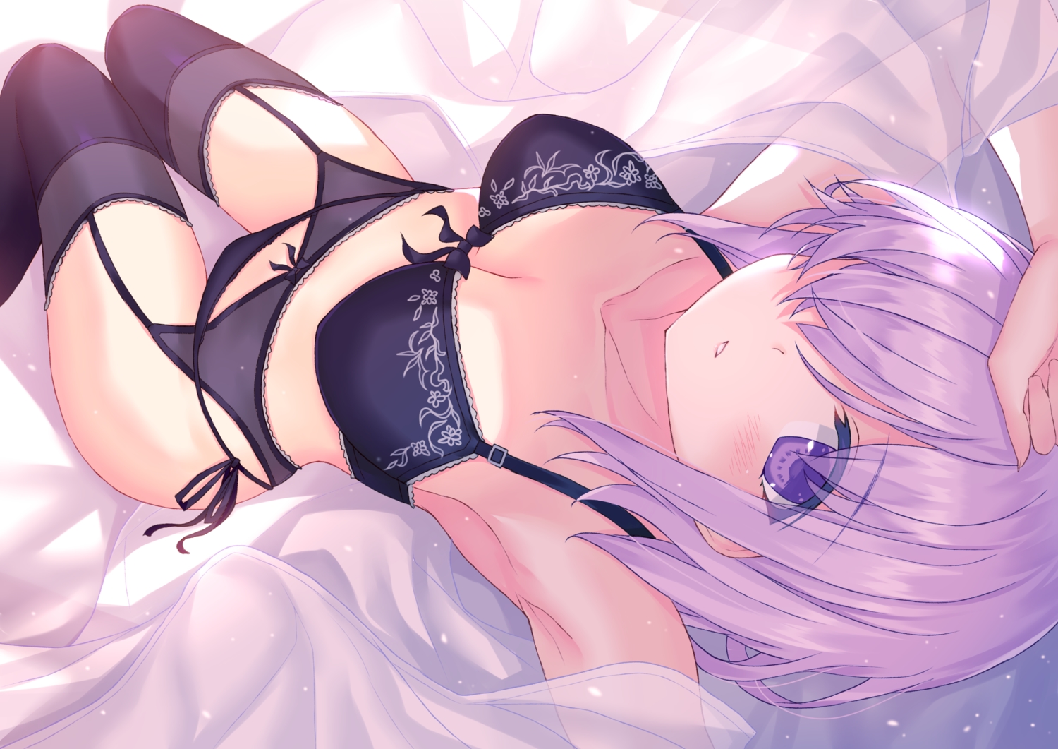 blush, bra, breasts, cleavage, fate/grand_order, fate_(series), garter_belt, mash_kyrielight, morizono_shiki, open_shirt, panties, purple_eyes, purple_hair, stockings, underwear