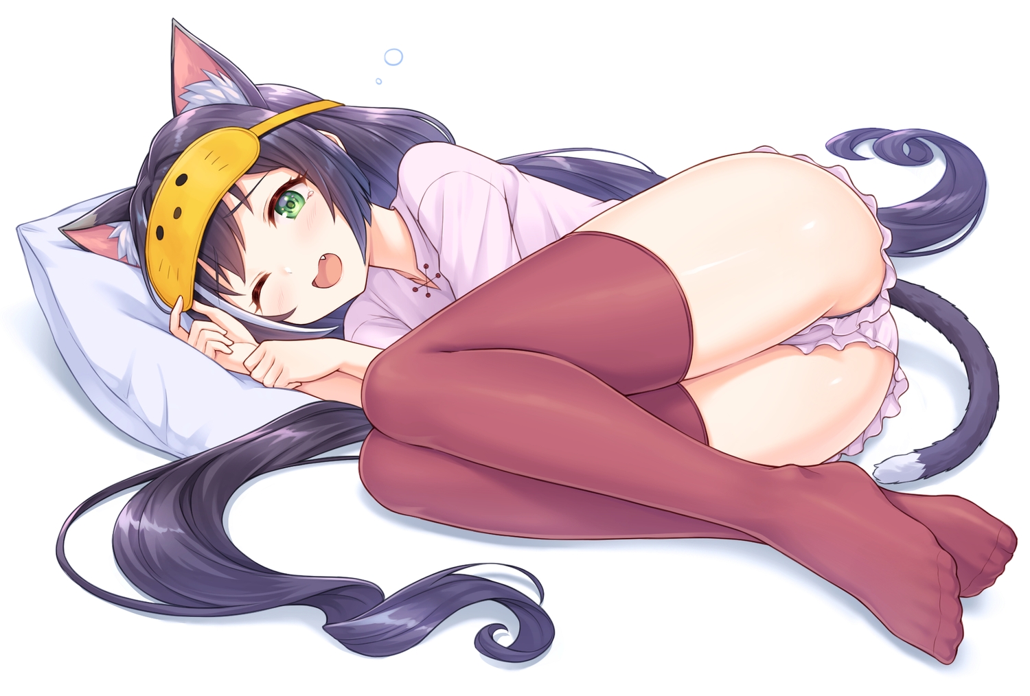 animal_ears, ass, black_hair, catgirl, fang, green_eyes, karyl, long_hair, princess_connect!, shorts, thighhighs, tomo_(user_hes4085), twintails, wink