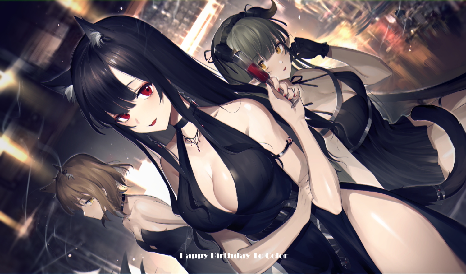 animal_ears, black_hair, breasts, brown_hair, catgirl, choker, cleavage, dress, gloves, green_hair, headband, horns, meng_ziya, necklace, original, pointed_ears, red_eyes, short_hair, tail, yellow_eyes