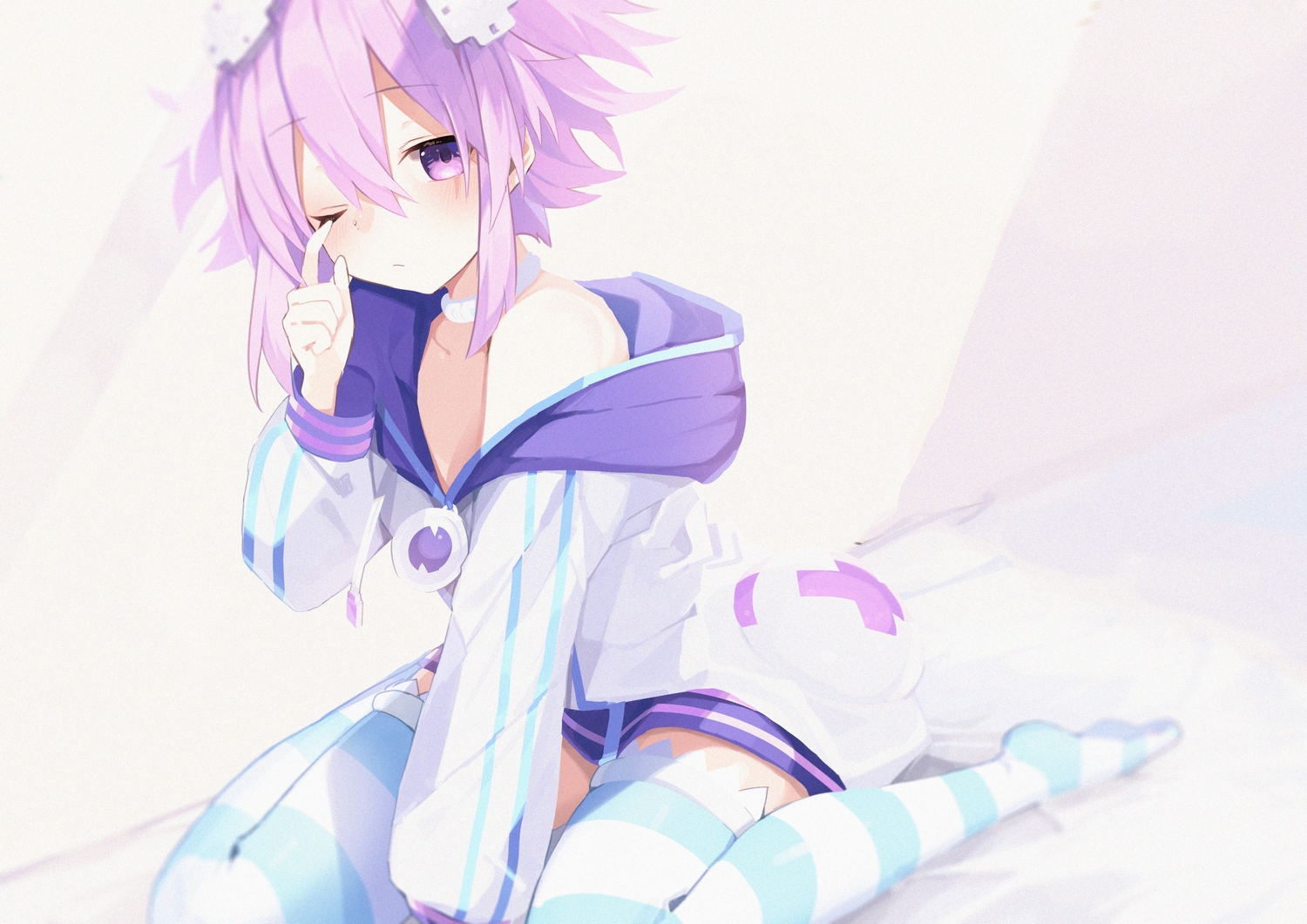blancpig_yryr, blush, choker, hood, hyperdimension_neptunia, neptune, purple_eyes, purple_hair, short_hair, thighhighs, wink