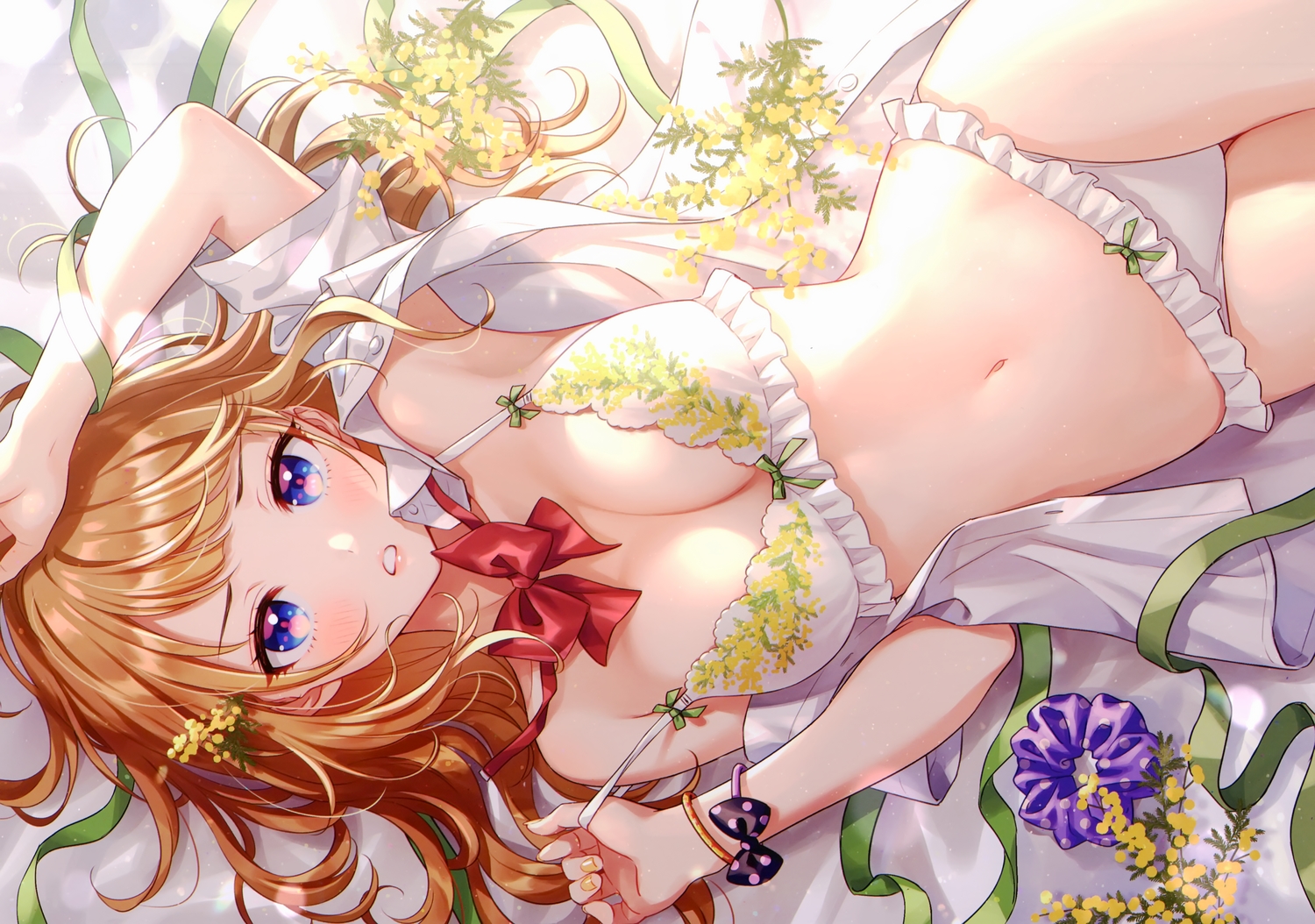 aqua_eyes, blush, bow, bra, brown_hair, flowers, long_hair, morikura_en