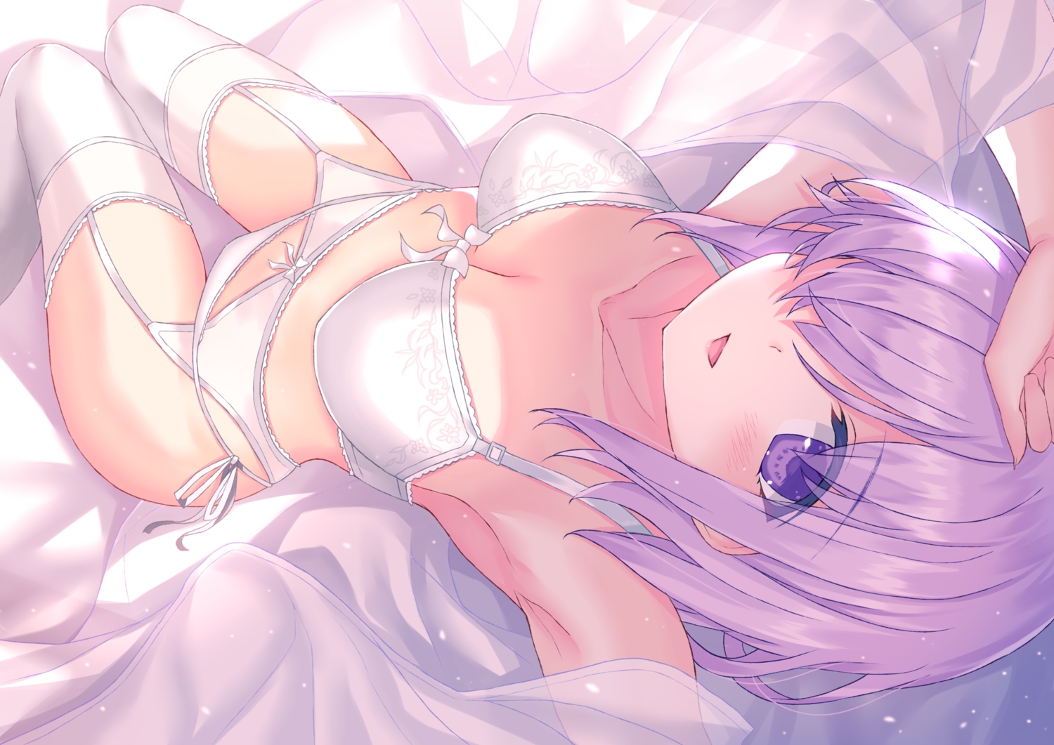 blush, bra, breasts, cleavage, fate/grand_order, fate_(series), garter_belt, mash_kyrielight, morizono_shiki, open_shirt, panties, purple_eyes, purple_hair, stockings, underwear
