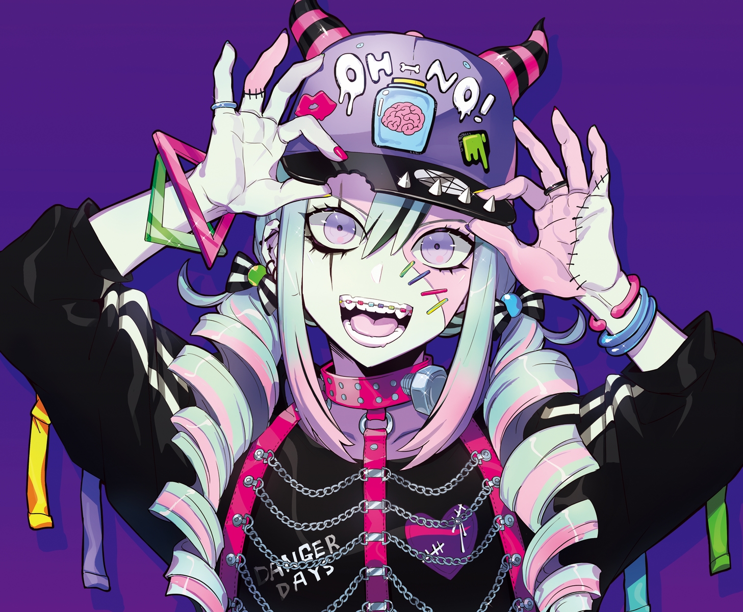 blue_hair, chain, close, hat, long_hair, original, puppeteer7777, purple