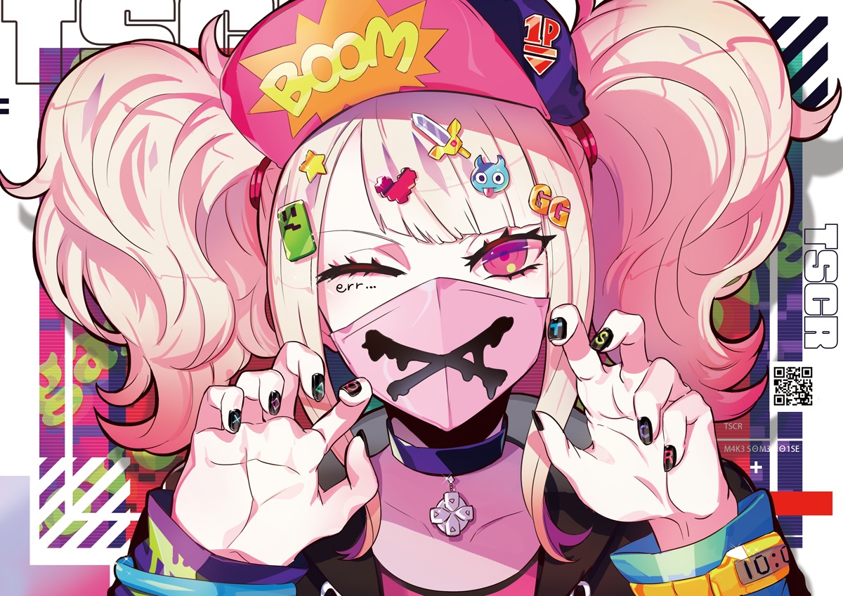 blonde_hair, choker, close, hat, mask, original, pink_eyes, puppeteer7777, twintails, watermark, wink, wristwear