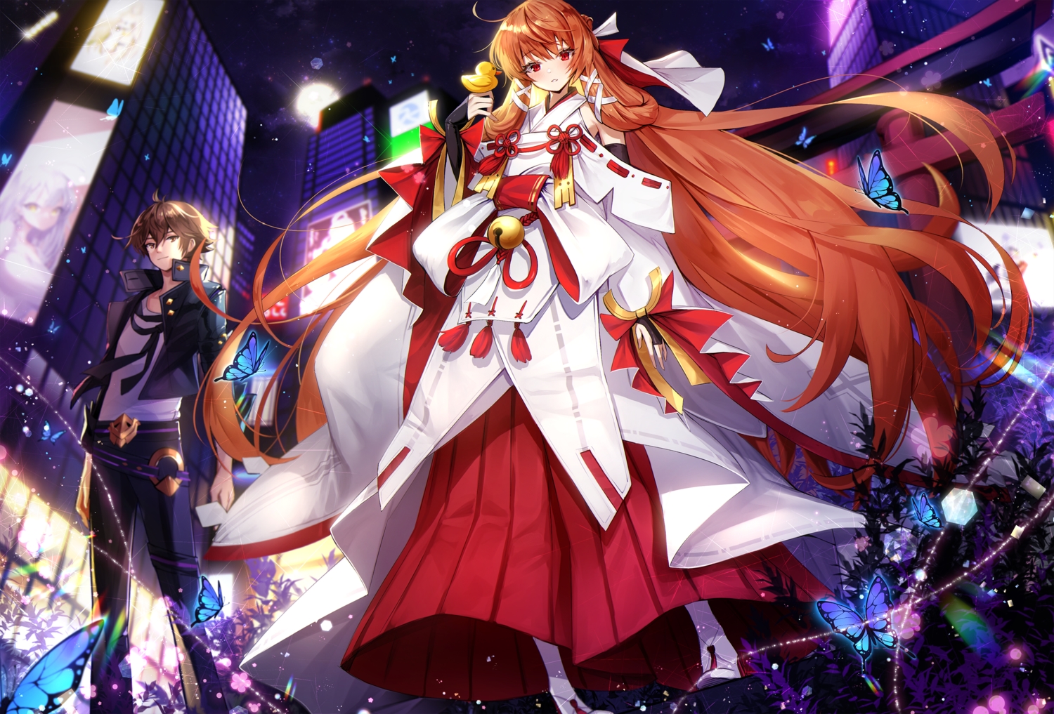 ankkoyom, building, butterfly, city, code:_d-blood, japanese_clothes, long_hair, male
