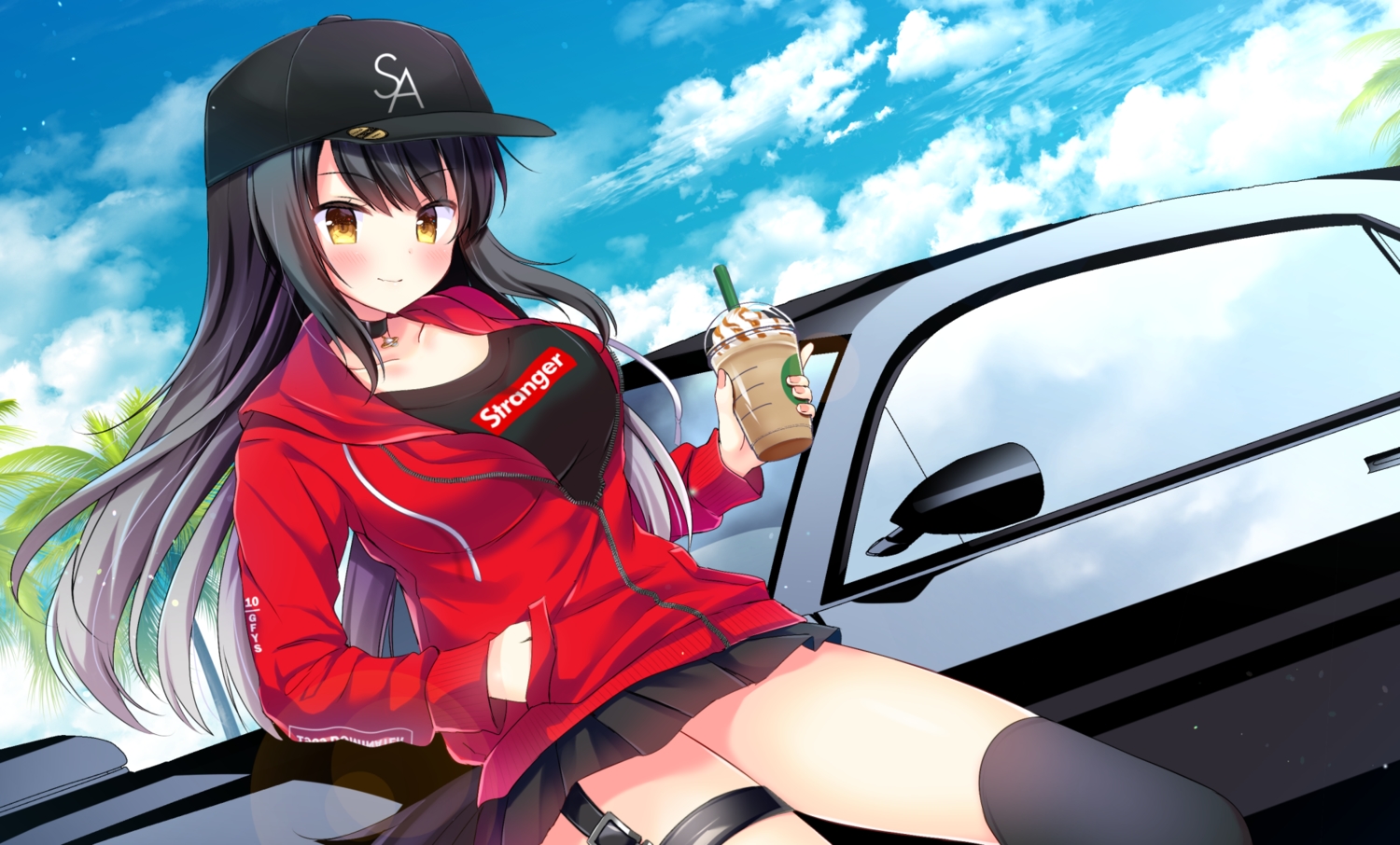 arisa_(kirakira_monstars), black_hair, blush, car, choker, clouds, drink, hat
