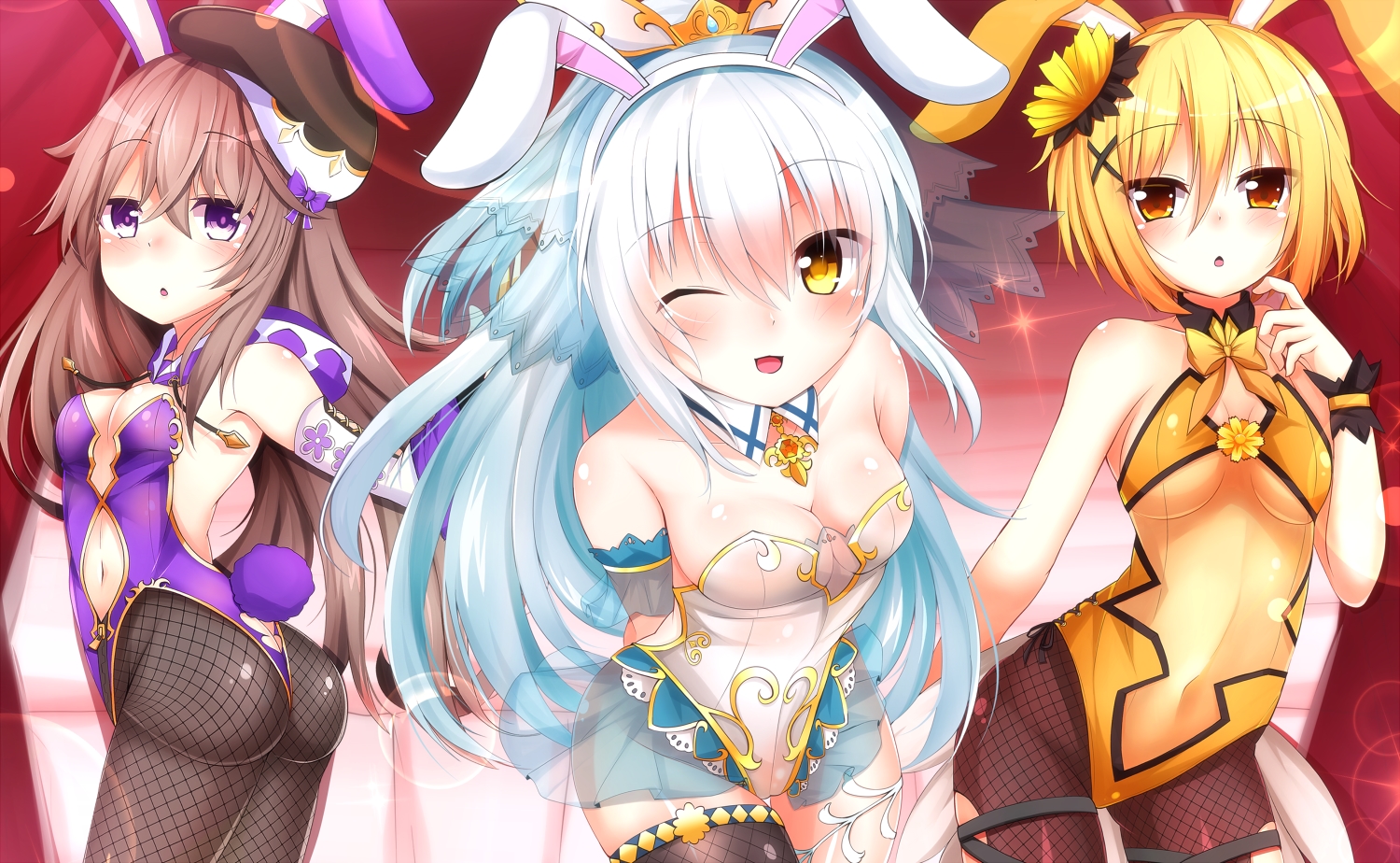 animal_ears, anthropomorphism, breasts, bunny_ears, bunnygirl, calendula_(flower_knight_girl), cleavage, duranta_(flower_knight_girl), flower_knight_girl, leotard, shironeko_haru, shirotaegiku_(flower_knight_girl), tail
