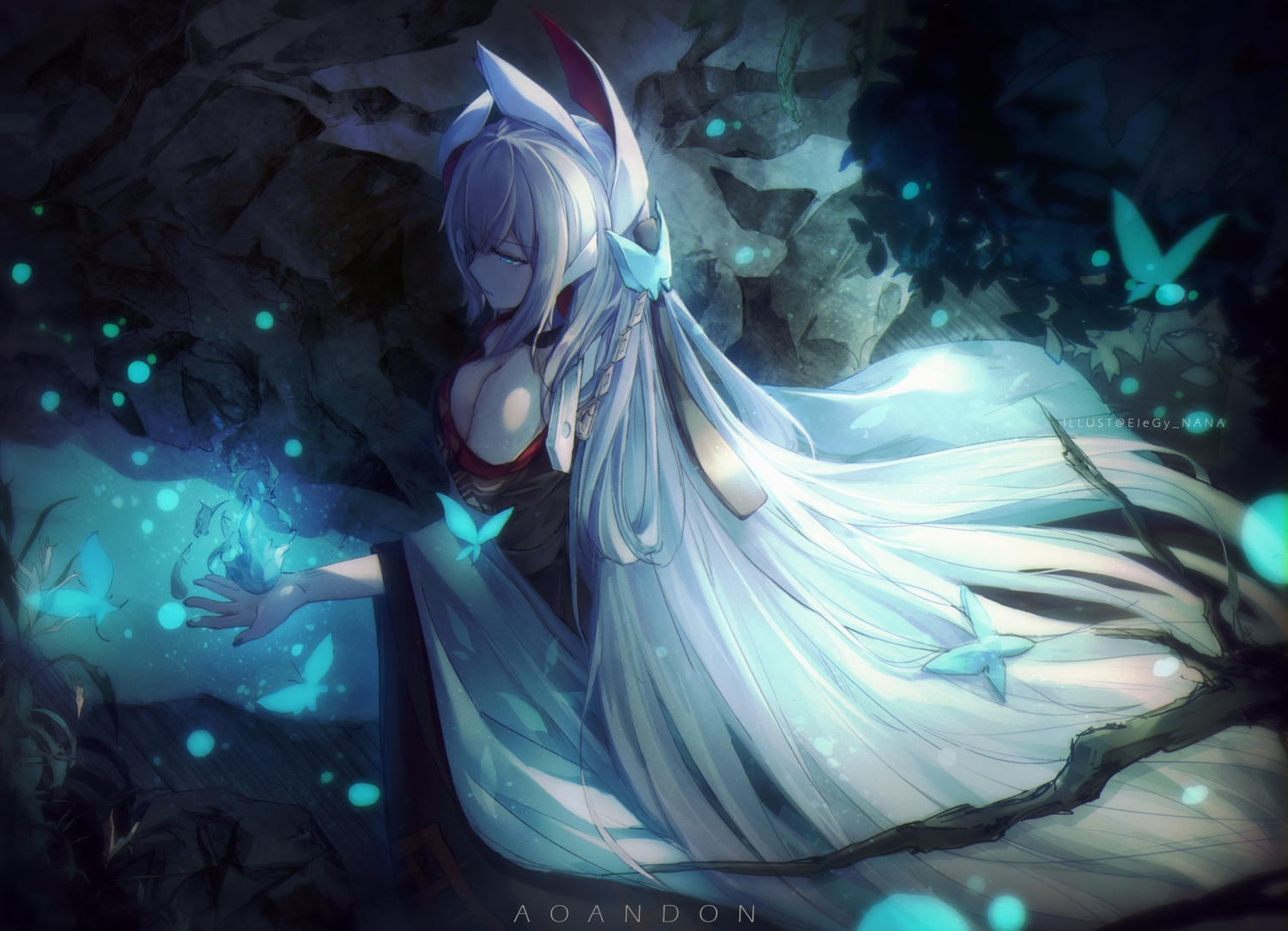 aoandon, aqua_eyes, breasts, butterfly, cleavage, elegy_nana, fire, headdress