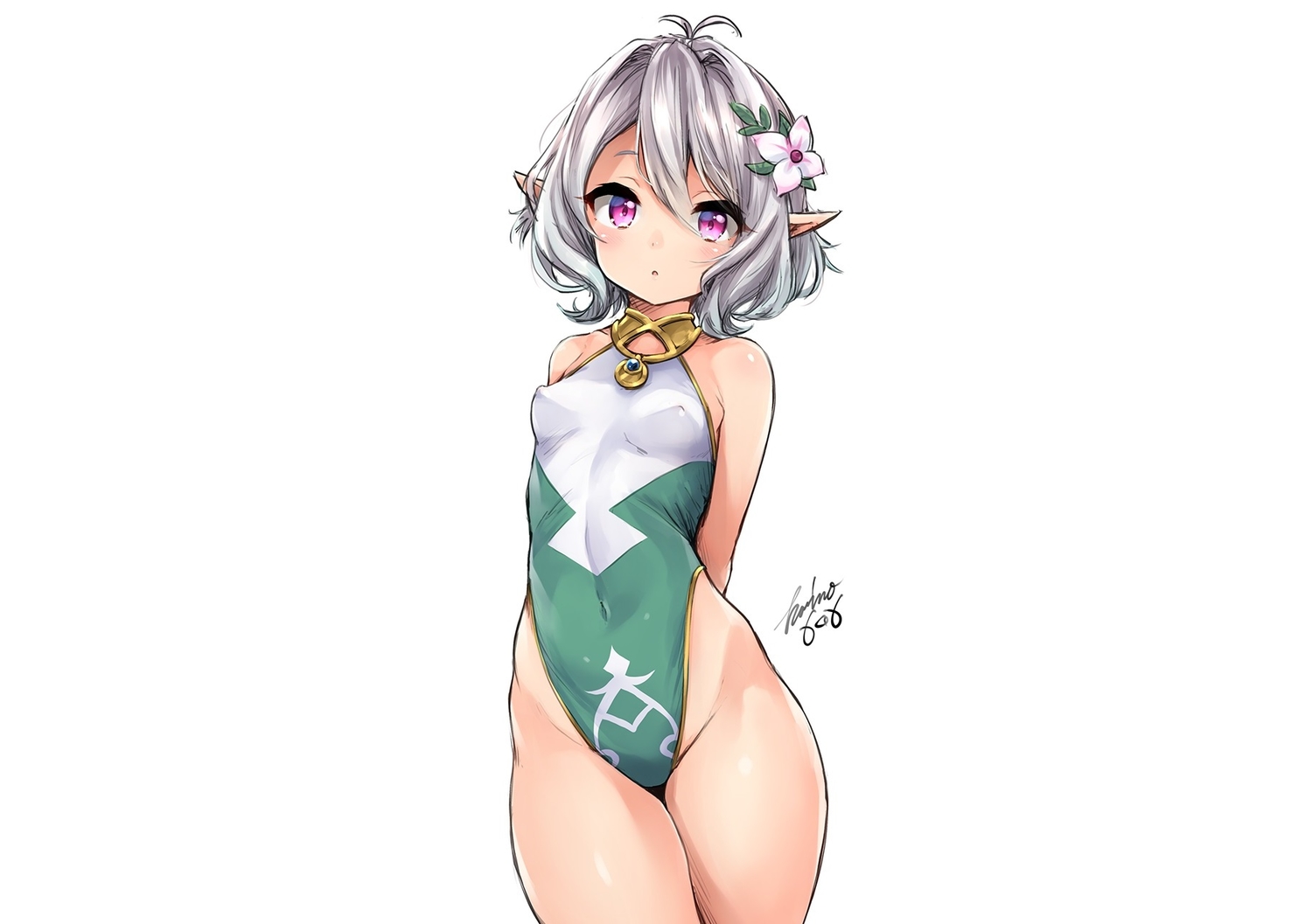 erect_nipples, gray_hair, harino646, leotard, natsume_kokoro, pink_eyes, pointed_ears, princess_connect!, short_hair, signed, skintight