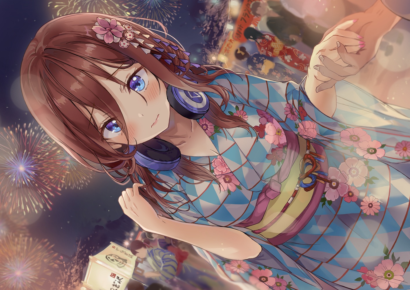 aqua_eyes, blush, brown_hair, festival, fireworks, go-toubun_no_hanayome, headphones, japanese_clothes