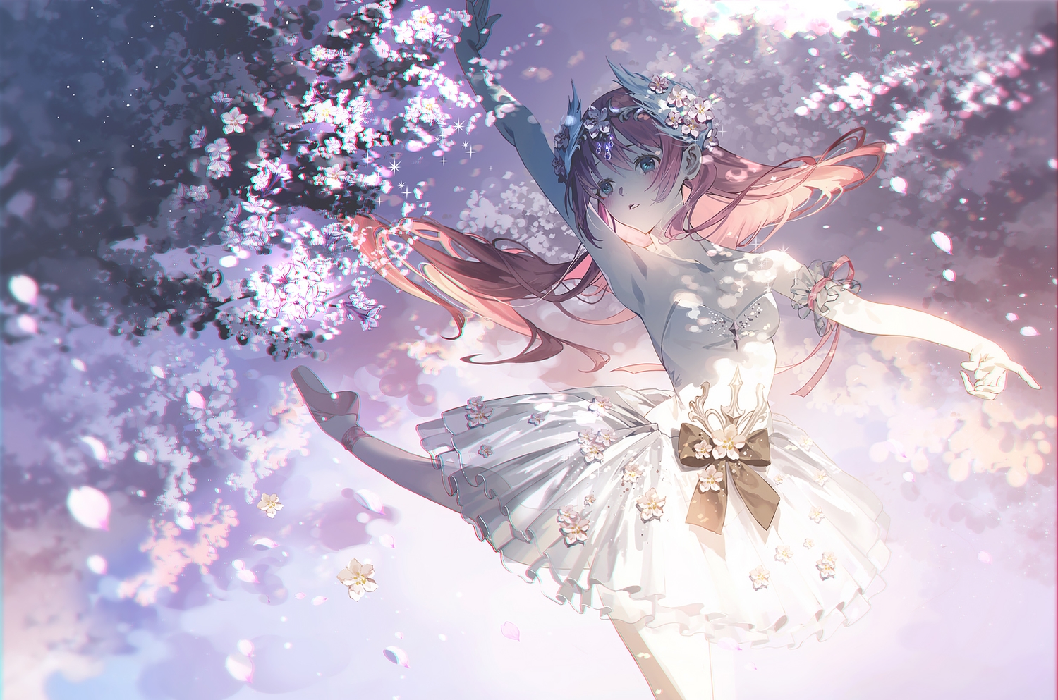 blush, dress, fajyobore323, flowers, green_eyes, long_hair, original, pink_hair