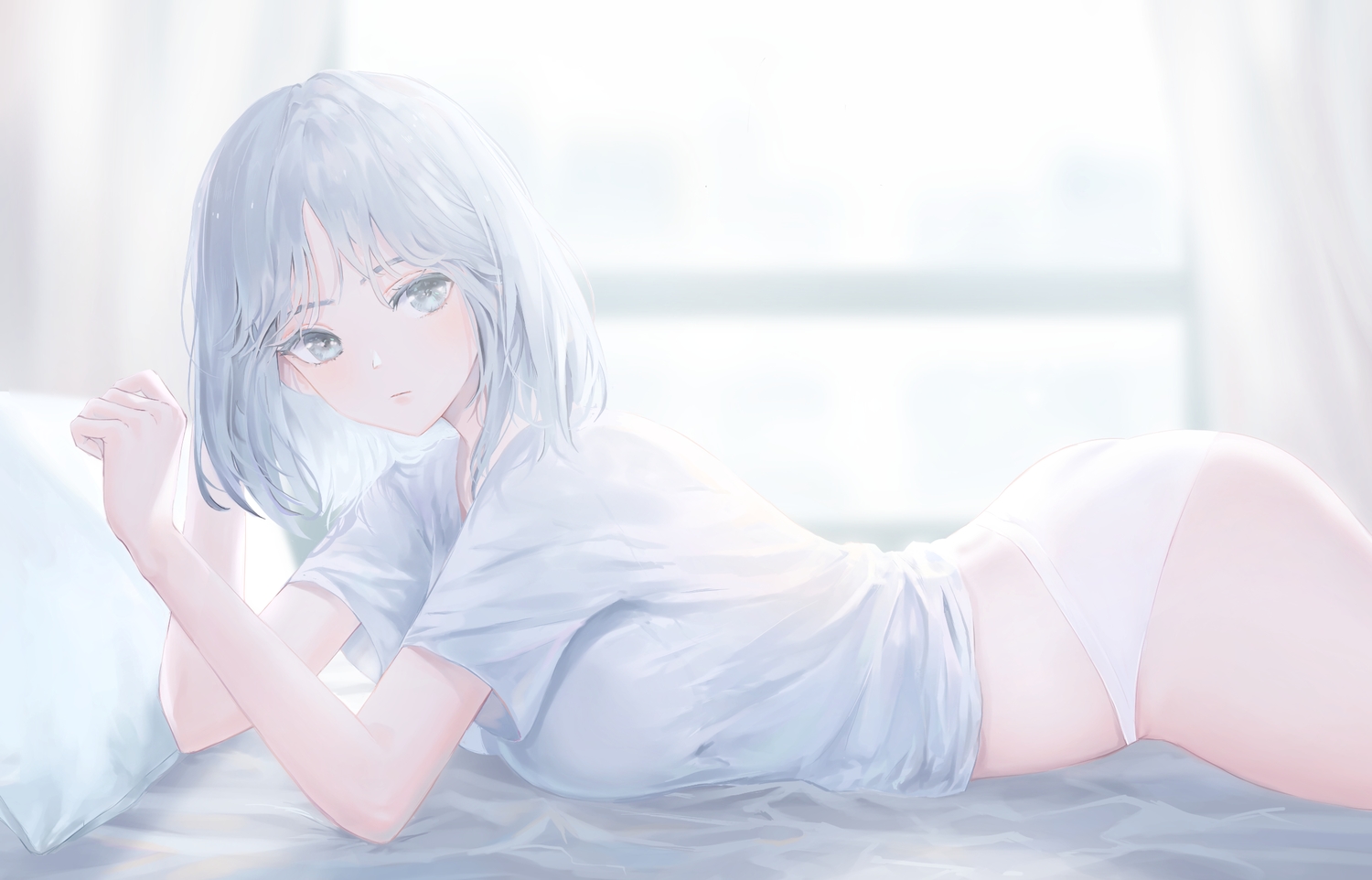 ass, bed, blush, gray_eyes, gray_hair, original, panties, pigonhae, polychromatic, underwear
