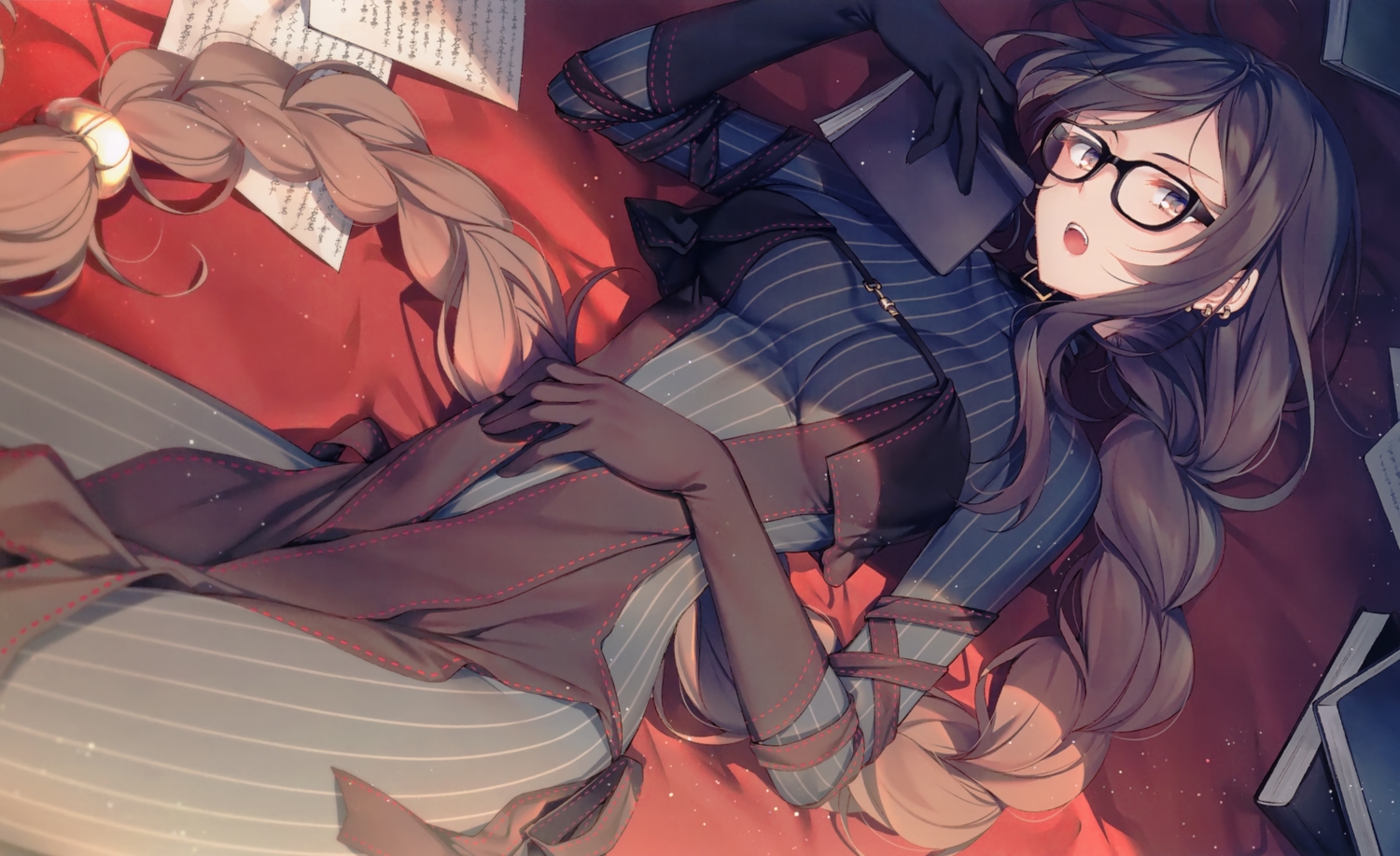 blush, book, braids, brown_eyes, brown_hair, consort_yu_(fate), dress, elbow_gloves