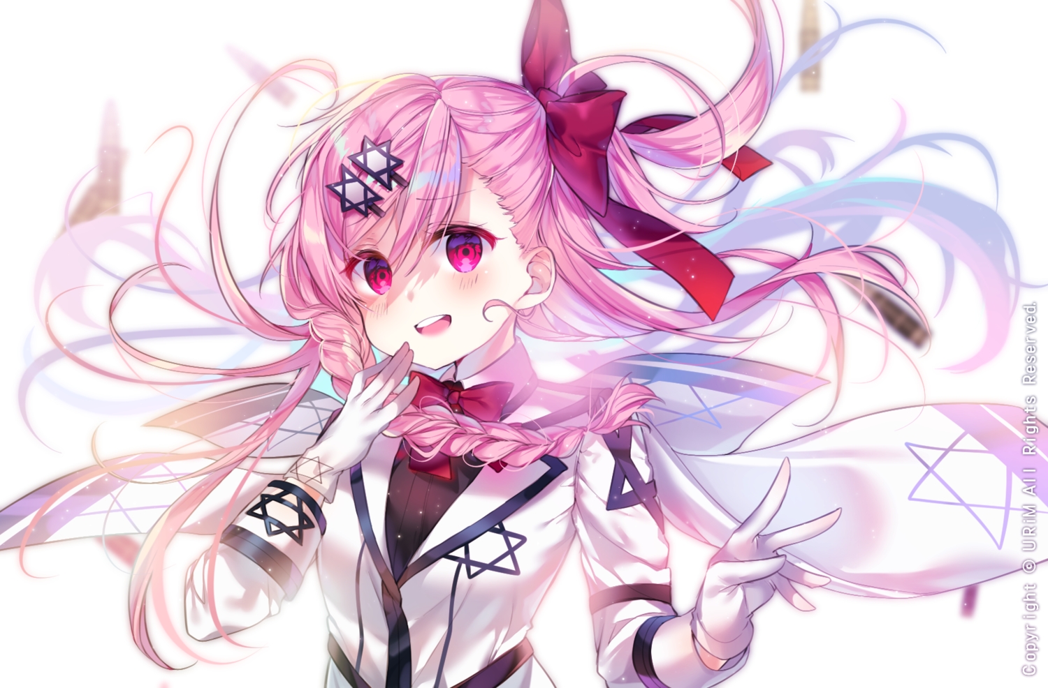 anthropomorphism, blush, bow, close, girls_frontline, gloves, long_hair, negev_(girls_frontline)