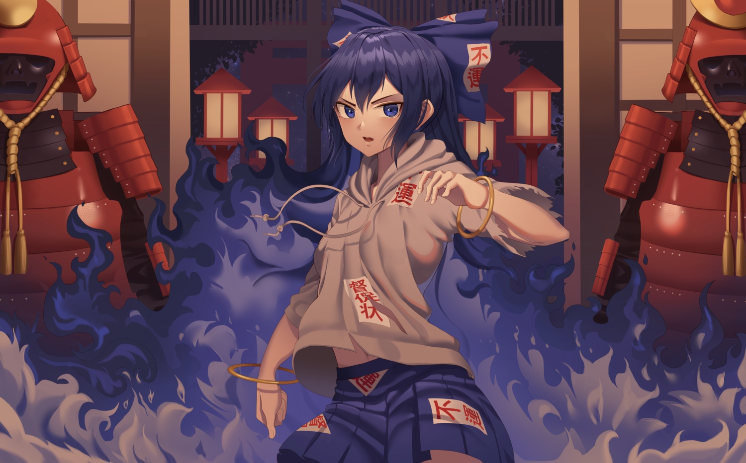 armor, blue_eyes, blue_hair, bow, fire, goback, hood, long_hair