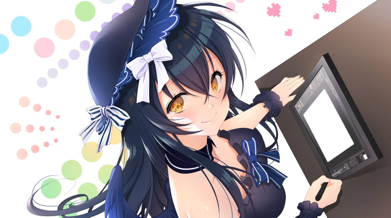 black_hair, bow, close, computer, hashibirokko, hashibirokou, headdress, long_hair