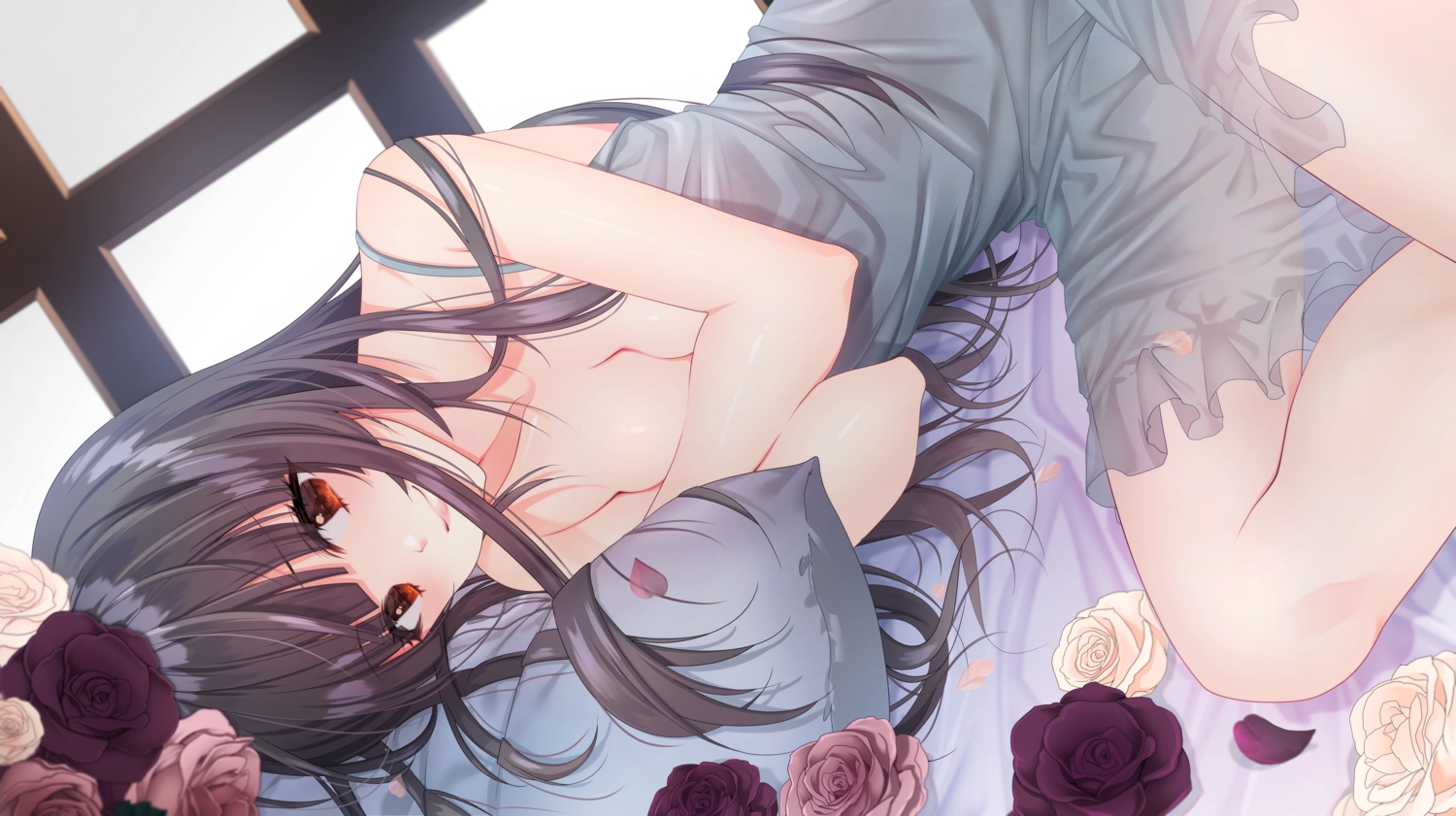 bed, black_hair, blush, breasts, cleavage, dress, flowers, idolmaster, idolmaster_shiny_colors, long_hair, mayuzumi_fuyuko, red_eyes, rose, summer_dress, yoruhoshi_owl