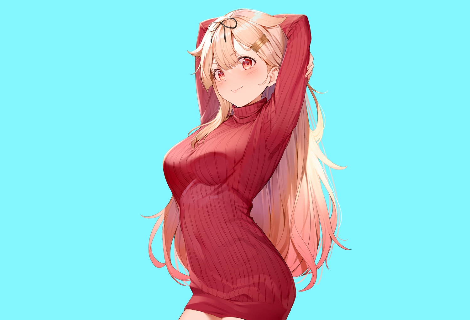anthropomorphism, blonde_hair, blush, cyan, dress, kantai_collection, long_hair, nyum, red_eyes, yuudachi_(kancolle)