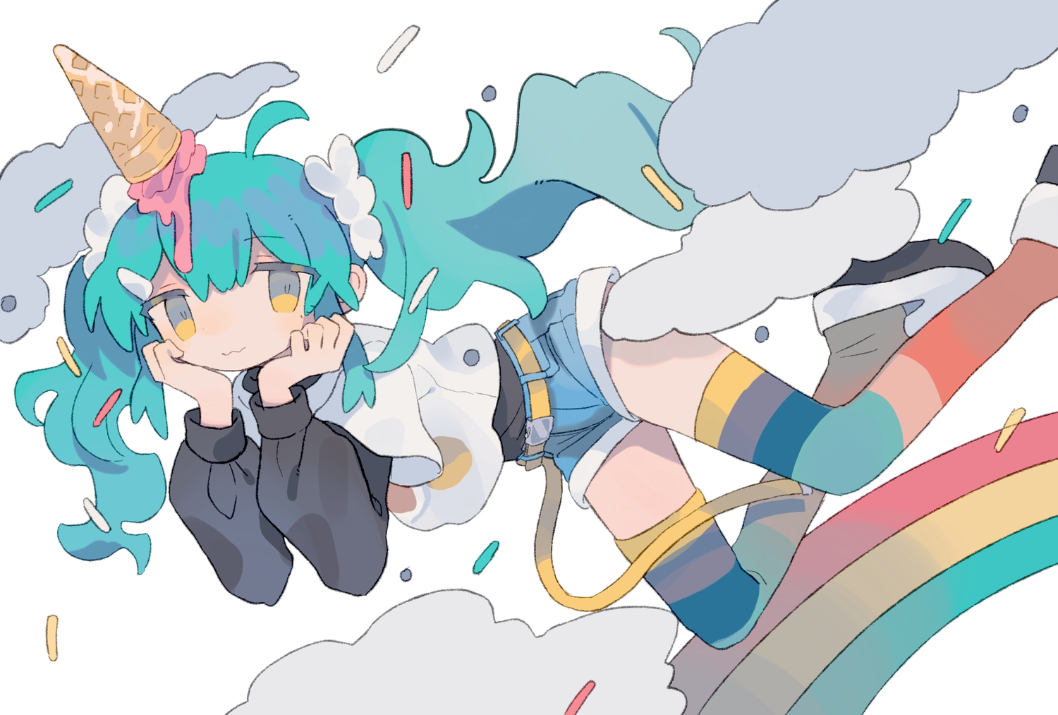 aqua_hair, cat_smile, clouds, daizu_(melon-lemon), food, horns, ice_cream, long_hair, original, rainbow, shorts, thighhighs, twintails, yellow_eyes, zettai_ryouiki