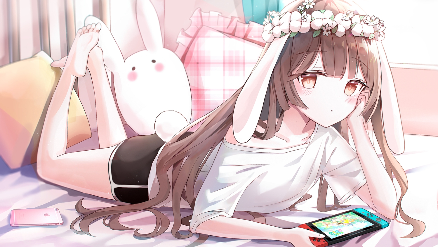 animal_ears, bed, brown_eyes, brown_hair, bunny, bunny_ears, doubutsu_no_mori, game_console