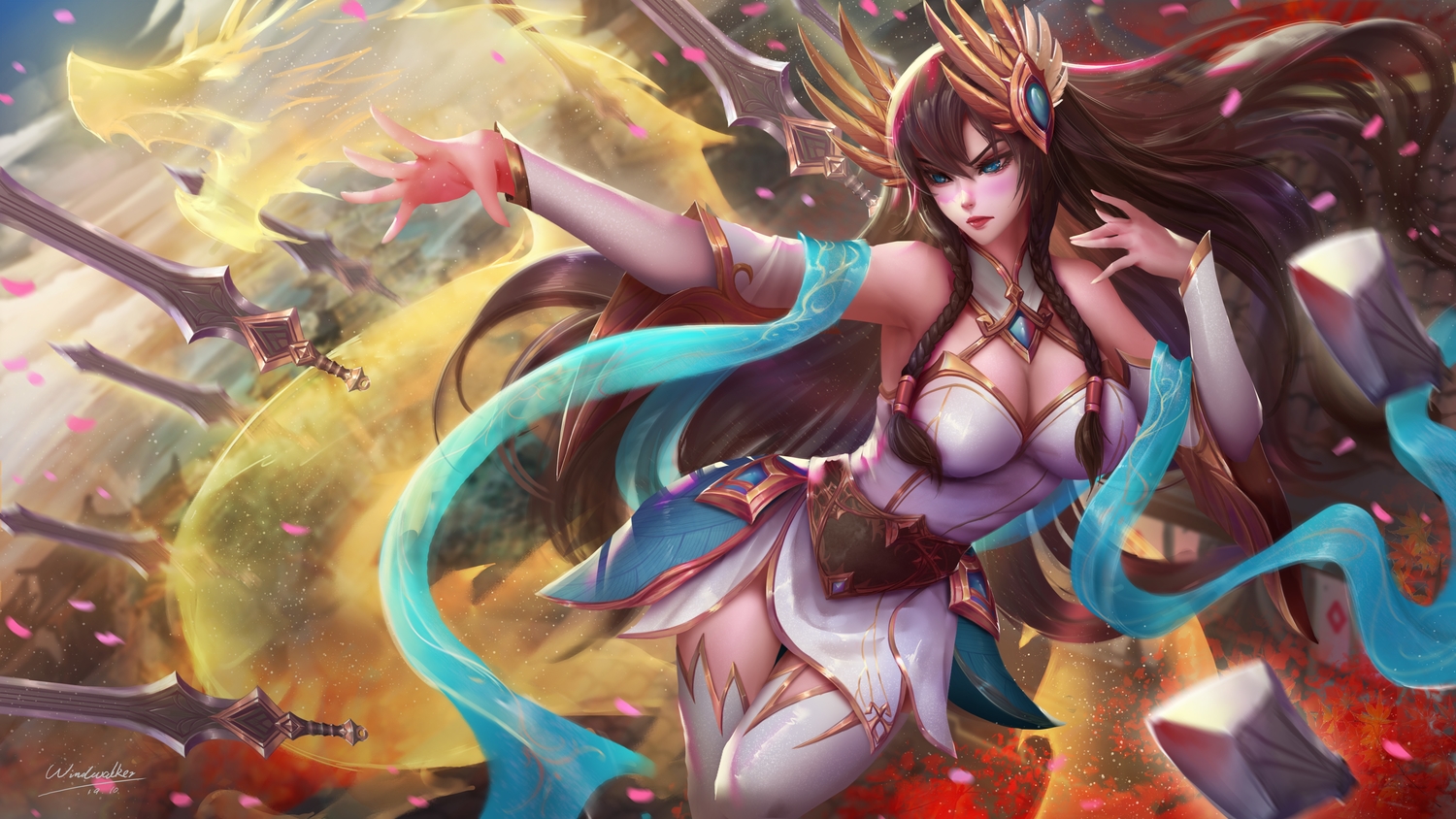 blue_eyes, brown_hair, irelia, kaze_no_gyouja, league_of_legends, long_hair, no_bra, signed