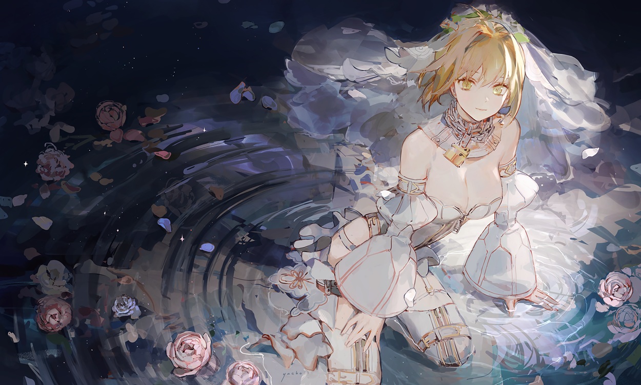breasts, chain, cleavage, fate/grand_order, fate_(series), flowers, garter, headdress