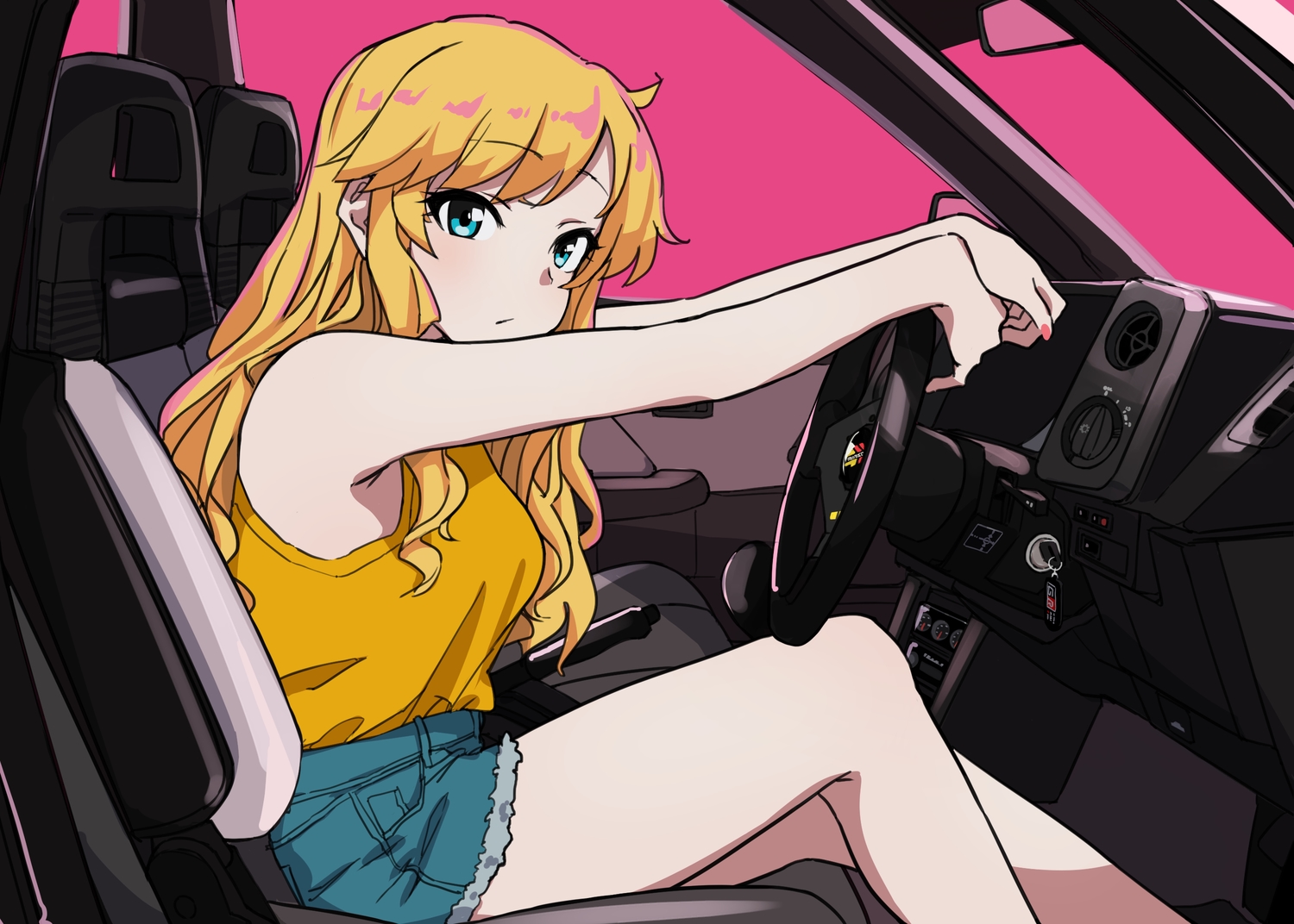 blonde_hair, blue_eyes, car, idolmaster, idolmaster_cinderella_girls, igo_miku, ootsuki_yui, pink