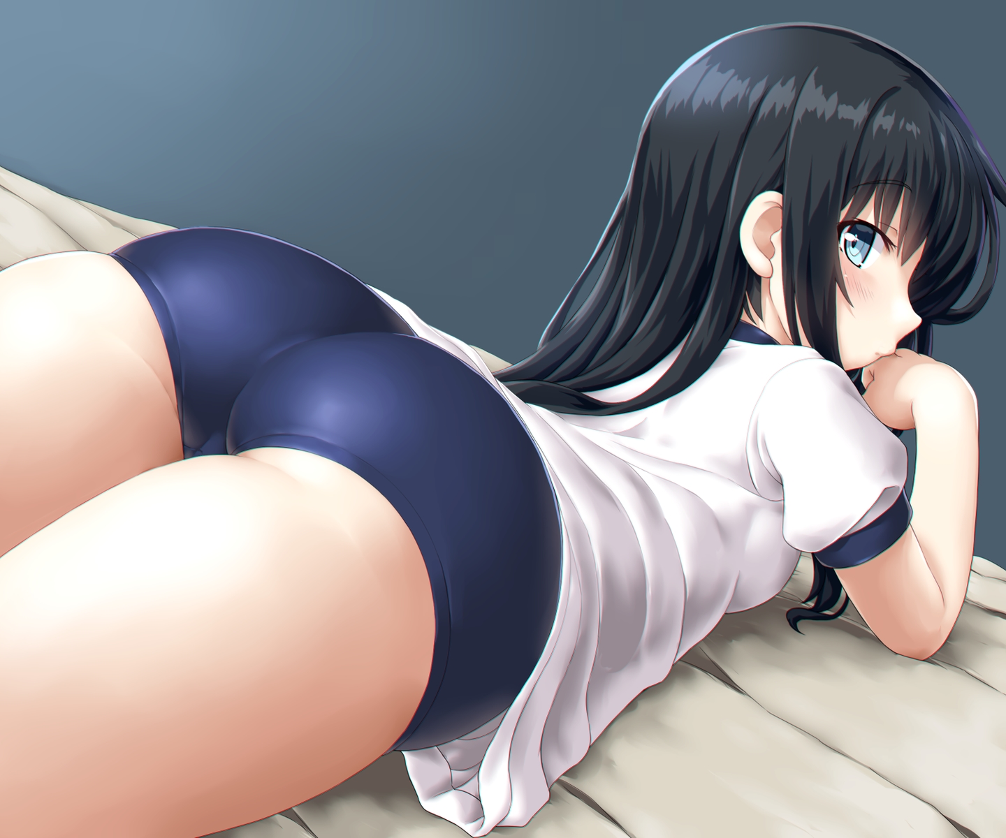 anthropomorphism, asashio_(kancolle), ass, black_hair, bloomers, blue_eyes, blush, dd_(ijigendd), gym_uniform, kantai_collection, long_hair