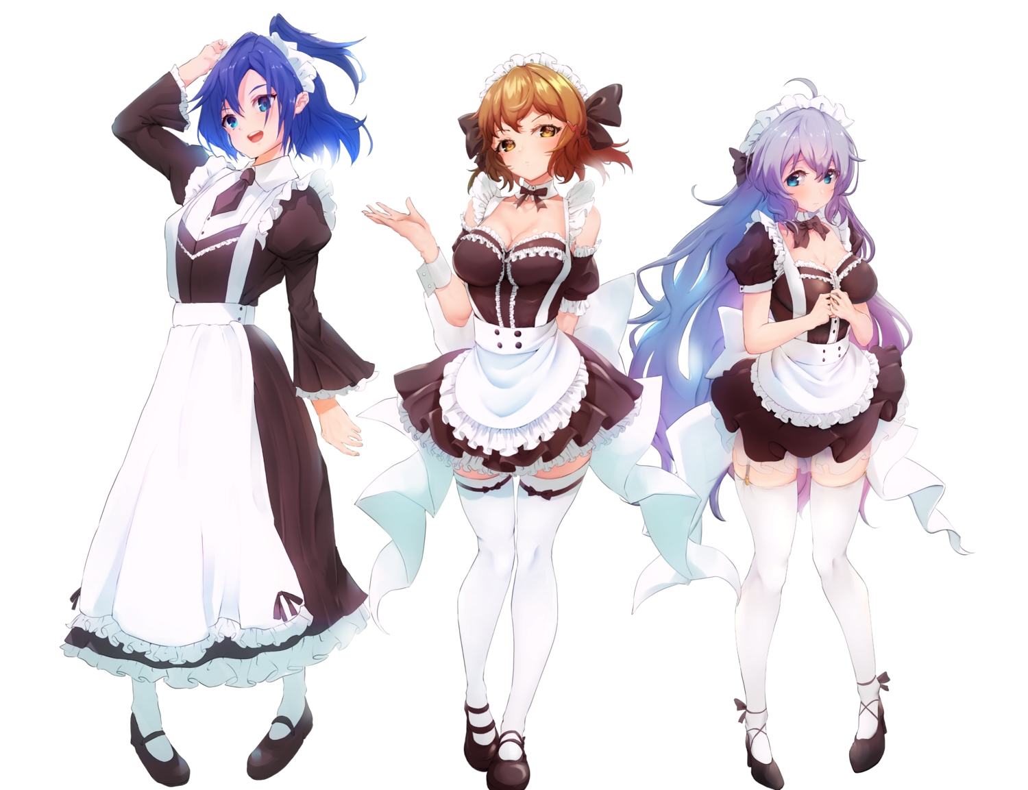 akisuko, apron, aqua_eyes, blue_hair, blush, breasts, brown_eyes, brown_hair