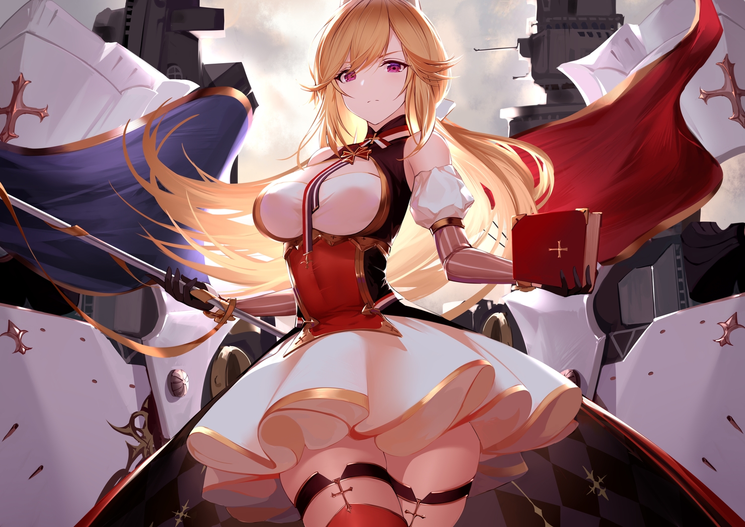 anthropomorphism, an_yasuri, azur_lane, blonde_hair, book, clouds, cross, dress