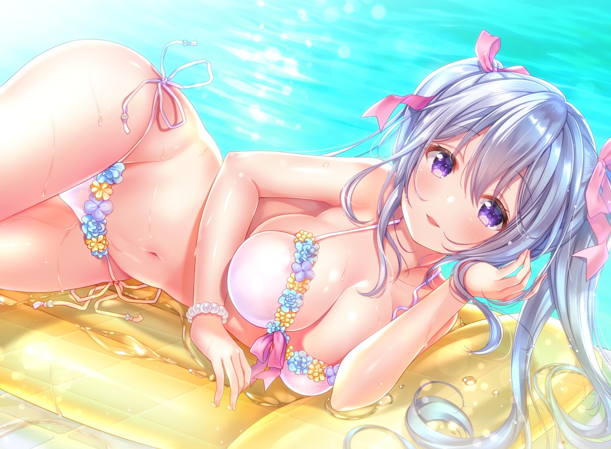 aliasing, aoba_chise, aoba_project, bikini, blush, breasts, cleavage, gray_hair, long_hair, navel, purple_eyes, sakura_moyon, swimsuit, twintails, water, wet, wristwear
