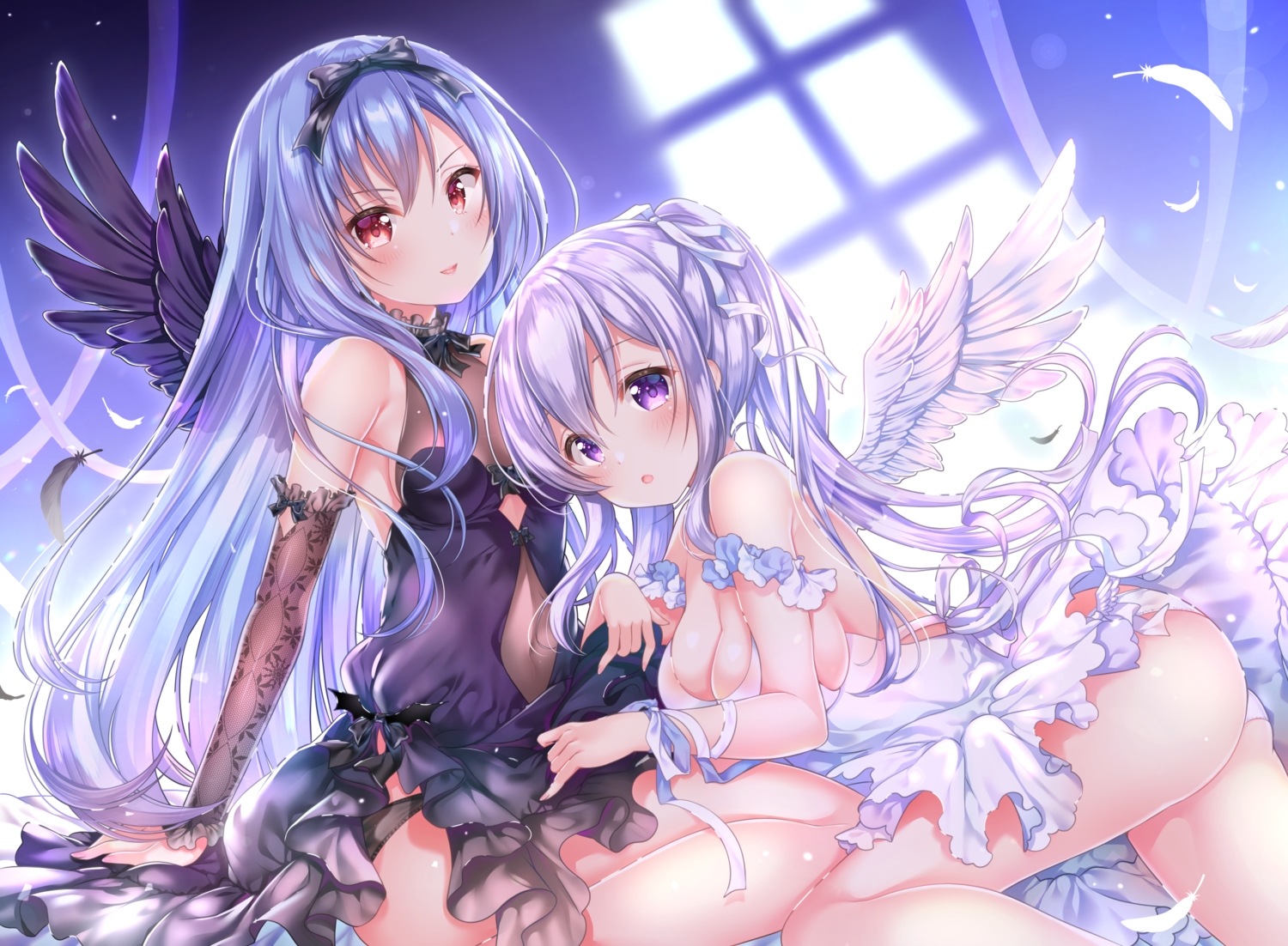 2girls, aoba_chise, aoba_project, aoba_rena, blue_hair, blush, dress, feathers, headband, long_hair, navel, panties, ponytail, purple_eyes, purple_hair, red_eyes, sakura_moyon, underwear, wings