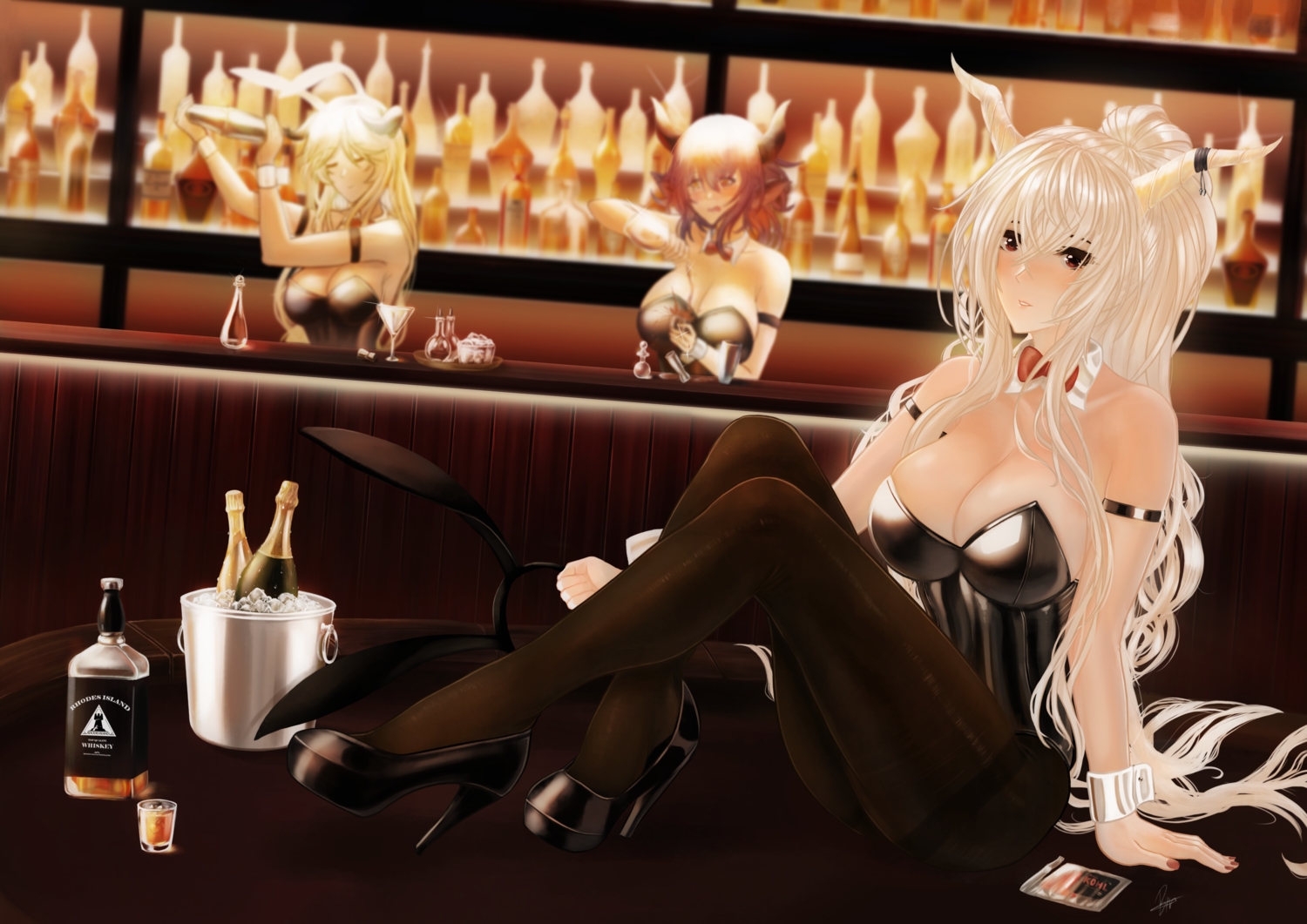 animal_ears, arknights, billy_gulliano, breasts, bunny_ears, bunnygirl, cleavage, horns, leotard, meteorite_(arknights), no_bra, pantyhose, shining_(arknights), sideroca_(arknights), signed