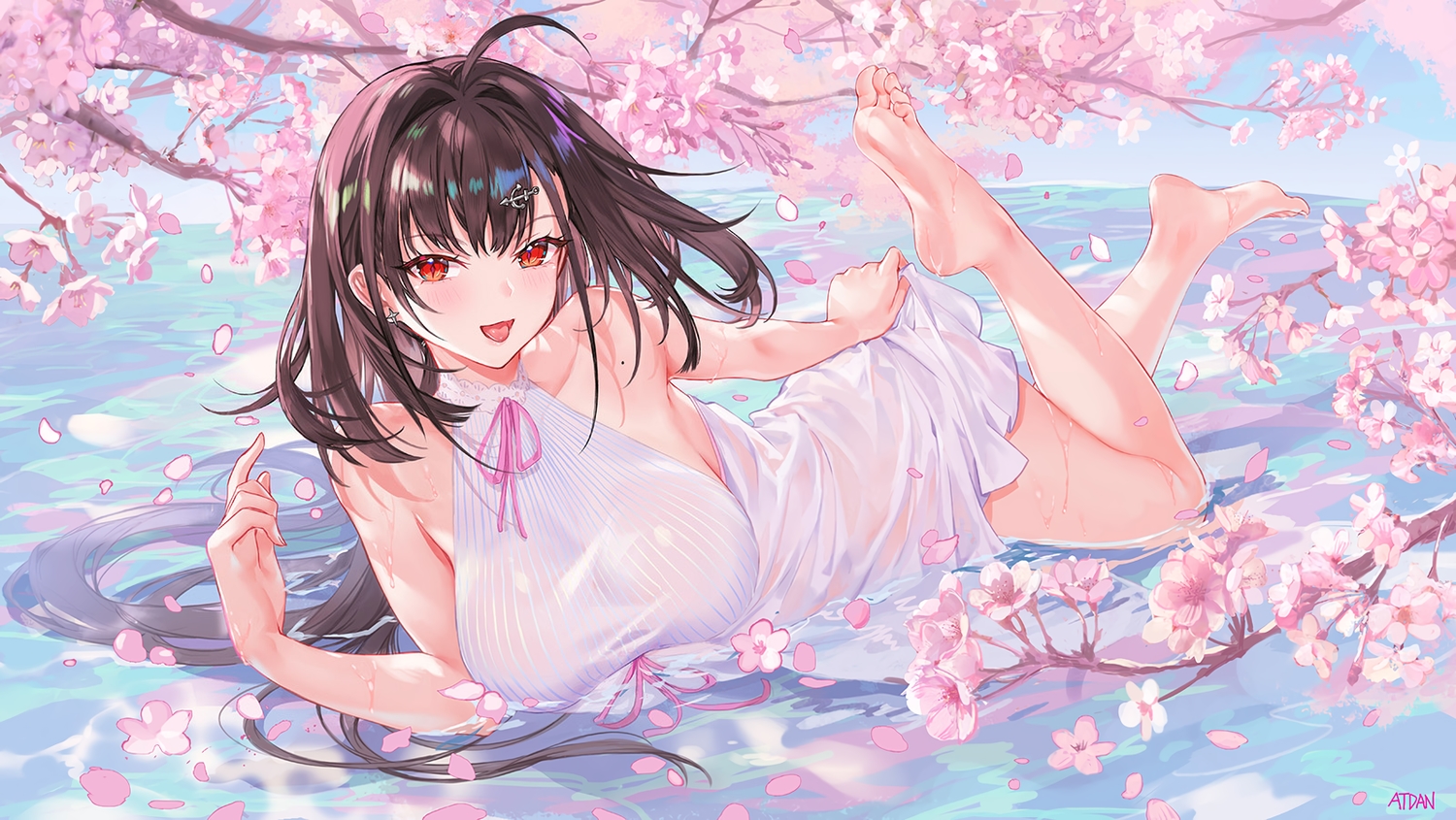 anthropomorphism, atdan, azur_lane, barefoot, blush, breasts, brown_hair, cherry_blossoms