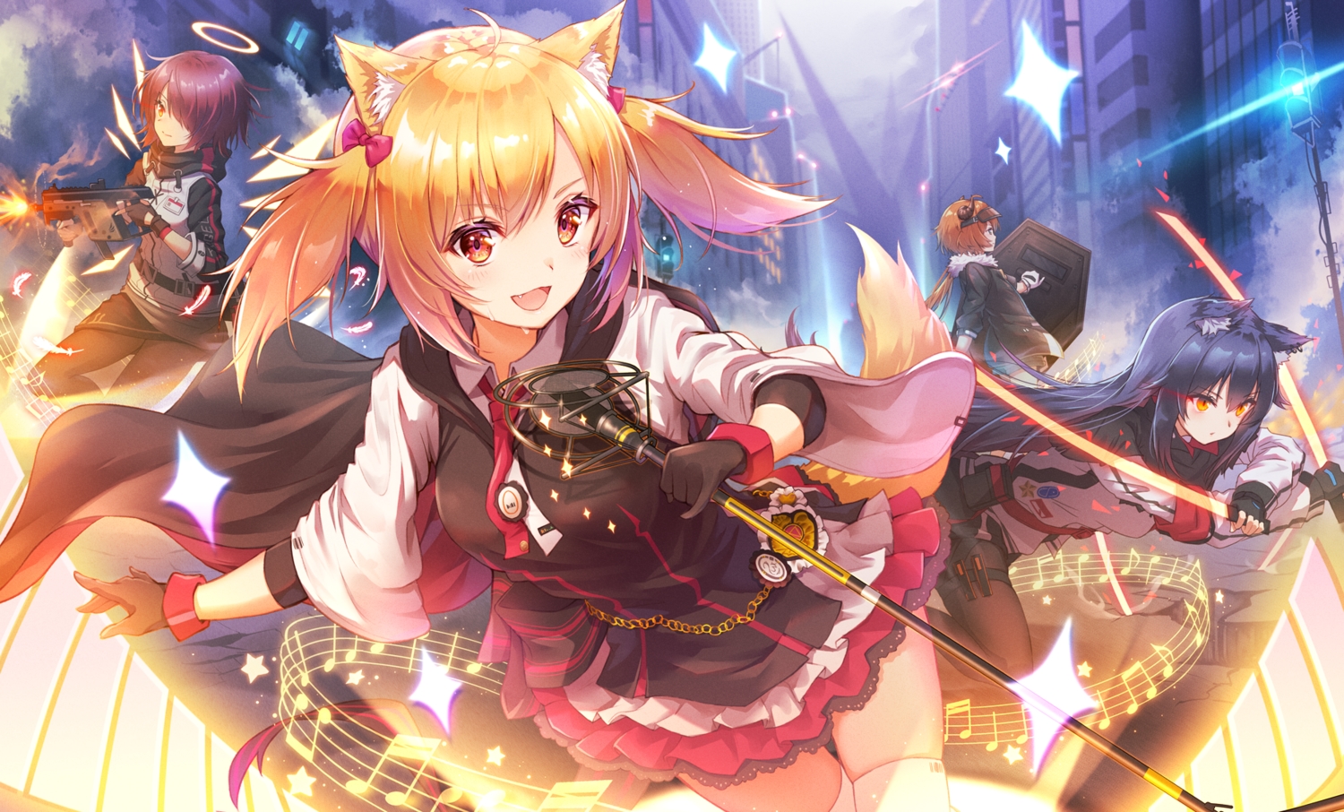animal_ears, arknights, black_hair, blonde_hair, brown_hair, building, cape, catgirl