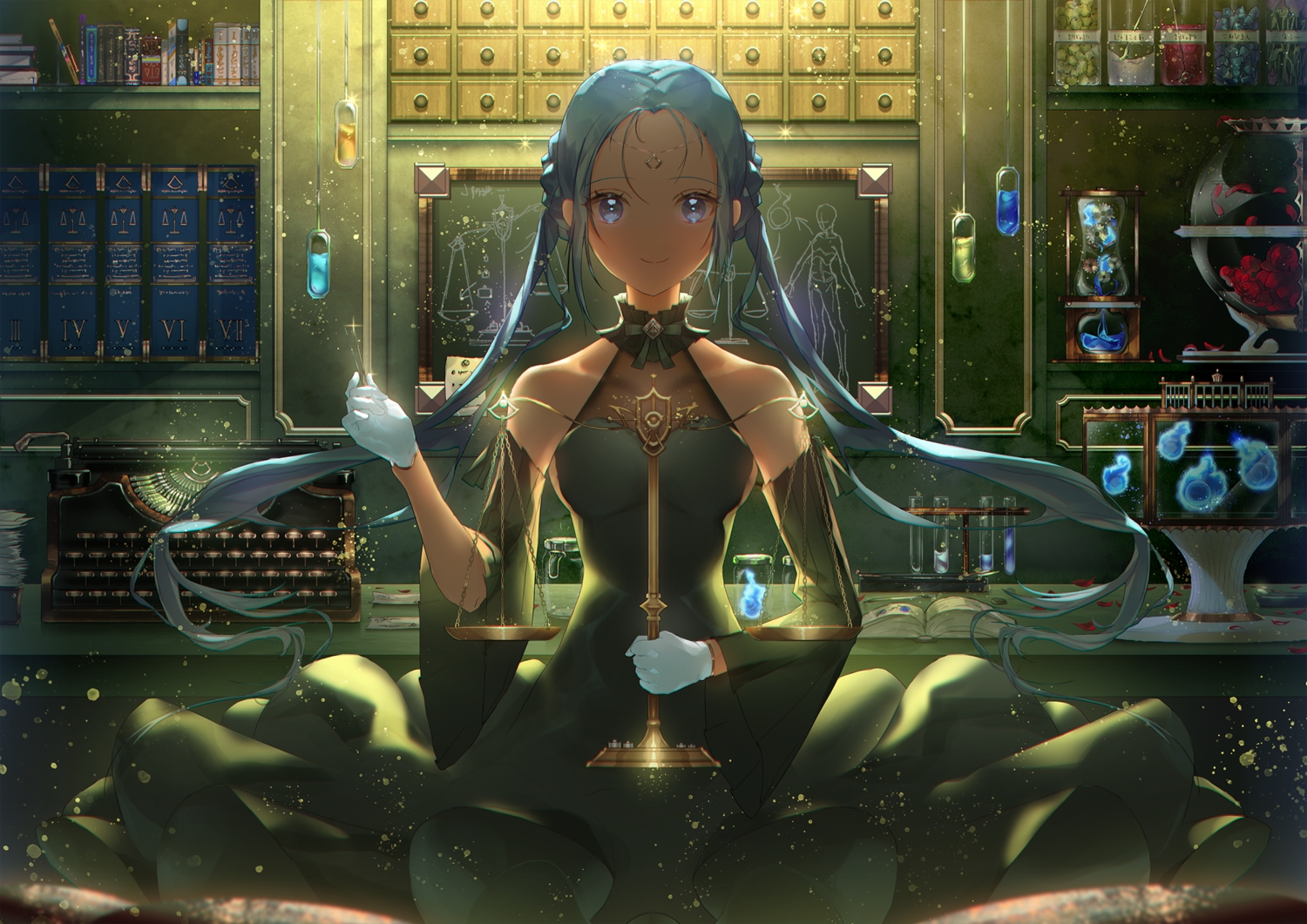 aqua_eyes, aqua_hair, dress, gloves, green, long_hair, original, usagi_(jurijuri2311)