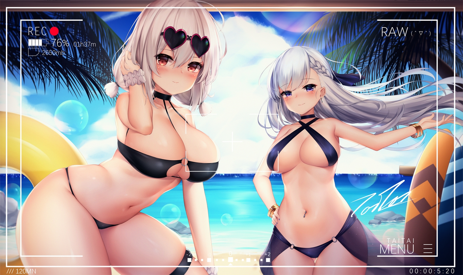 2girls, anthropomorphism, azur_lane, beach, belfast_(azur_lane), bikini, blush, braids
