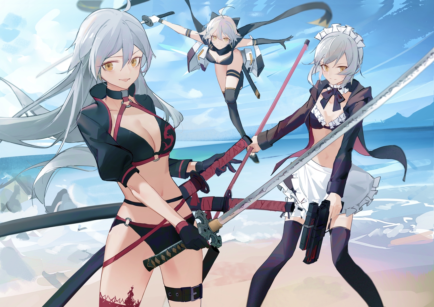 apron, artoria_pendragon_(all), beach, bikini, breasts, cleavage, elbow_gloves, fate/grand_order, fate_(series), garter, gloves, gray_hair, gun, headdress, hood, jeanne_d'arc_alter, jeanne_d'arc_(fate), katana, long_hair, luozhou_pile, maid, okita_souji_(fate), saber, saber_alter, scarf, short_hair, sketch, swimsuit, sword, thighhighs, weapon, yellow_eyes, zettai_ryouiki