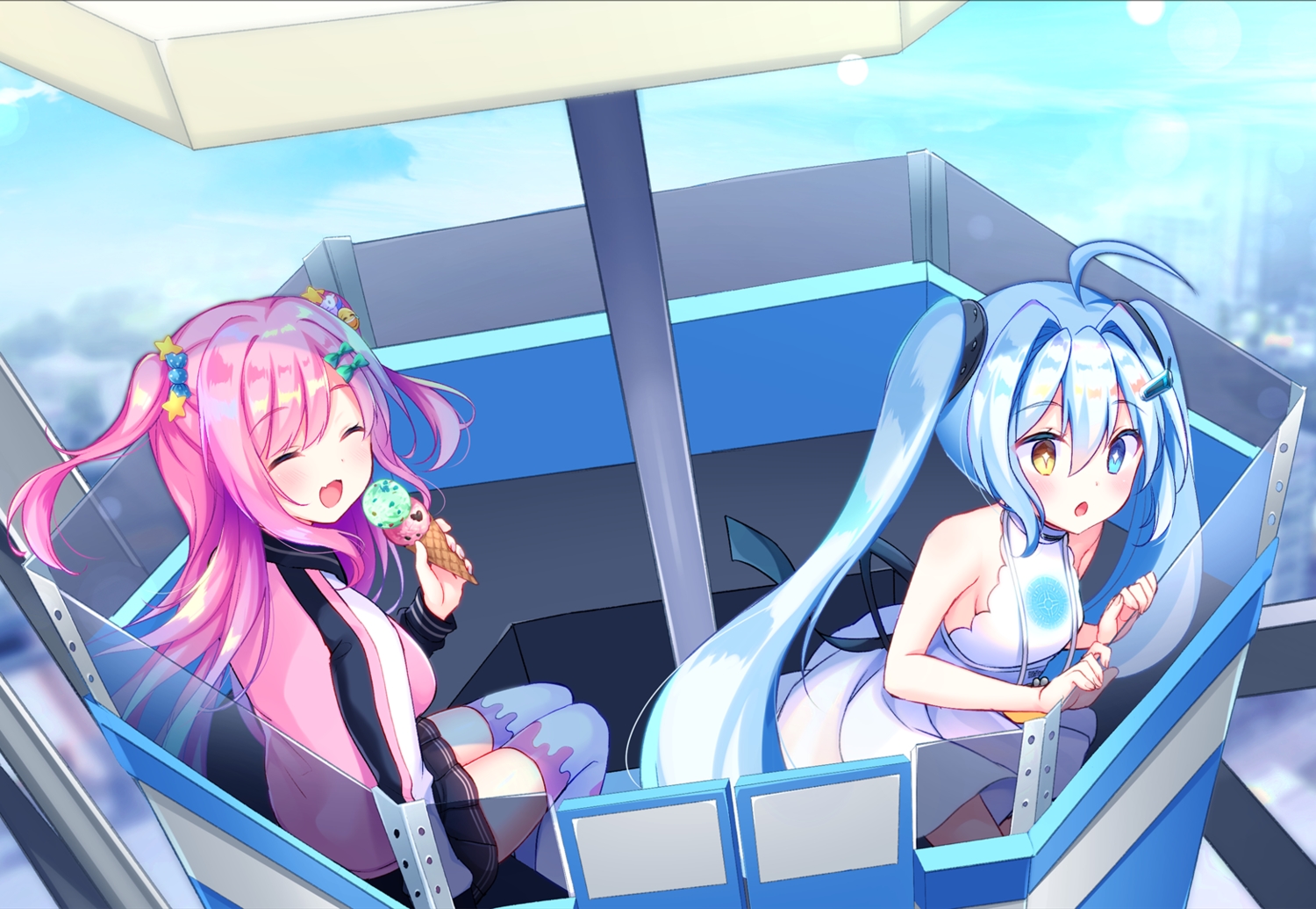 2girls, aqua_hair, bicolored_eyes, blush, dress, eve_morning_star, fang, food