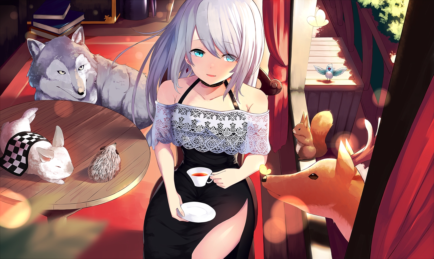 animal, aqua_eyes, bird, book, butterfly, dress, drink, long_hair