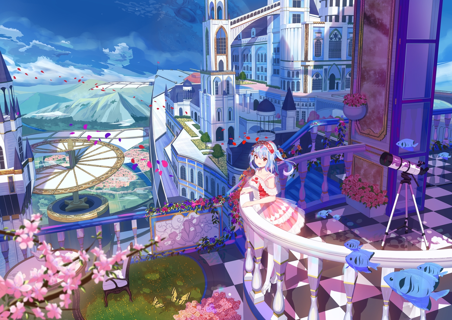 animal, blue_hair, building, butterfly, city, clouds, dress, fish, flowers, headband, lolita_fashion, prinz_eugen, prinz_eugen1938, red_eyes, short_hair, sky, zhanjian_shaonu