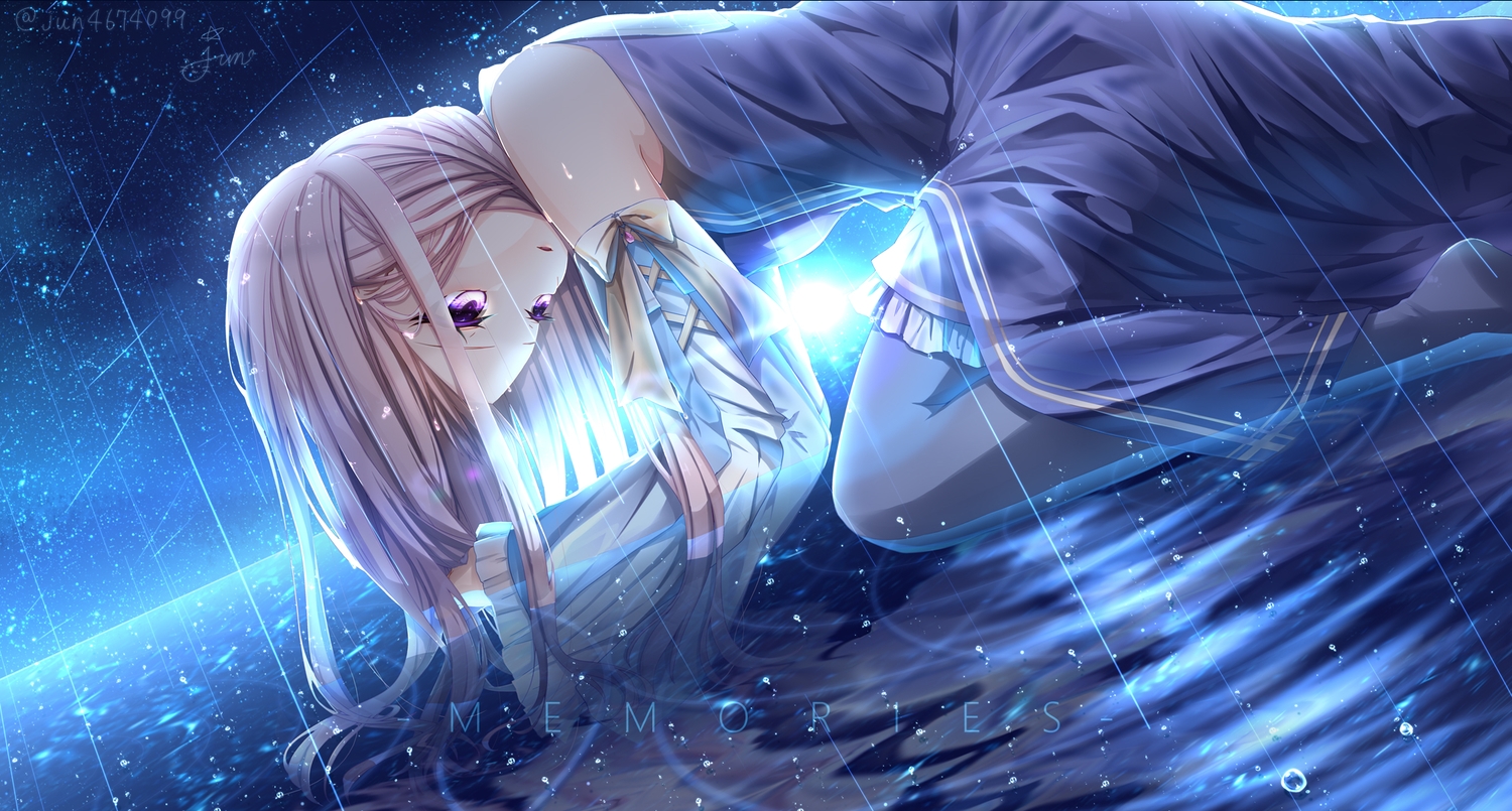 blonde_hair, bow, dress, jun_(sky_ia_127_snow), long_hair, original, purple_eyes, ribbons, signed, stars, water