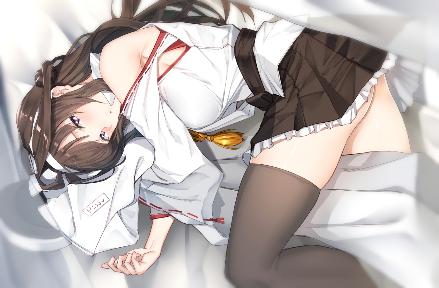 anthropomorphism, blush, brown_hair, japanese_clothes, kantai_collection, kongou_(kancolle), long_hair, miko