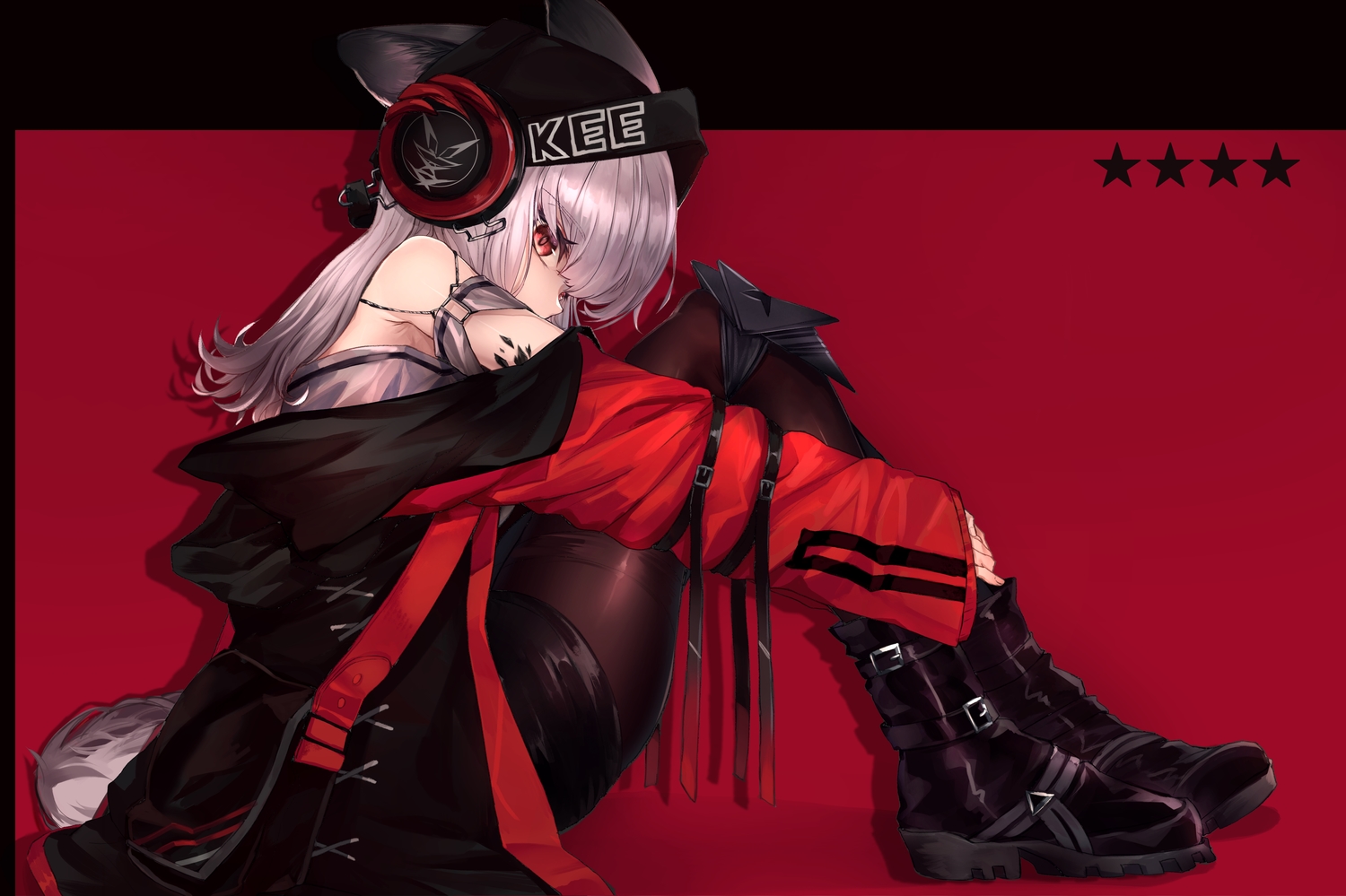 animal_ears, arknights, boots, foxgirl, frostleaf_(arknights), gray_hair, hakua_mill, headphones