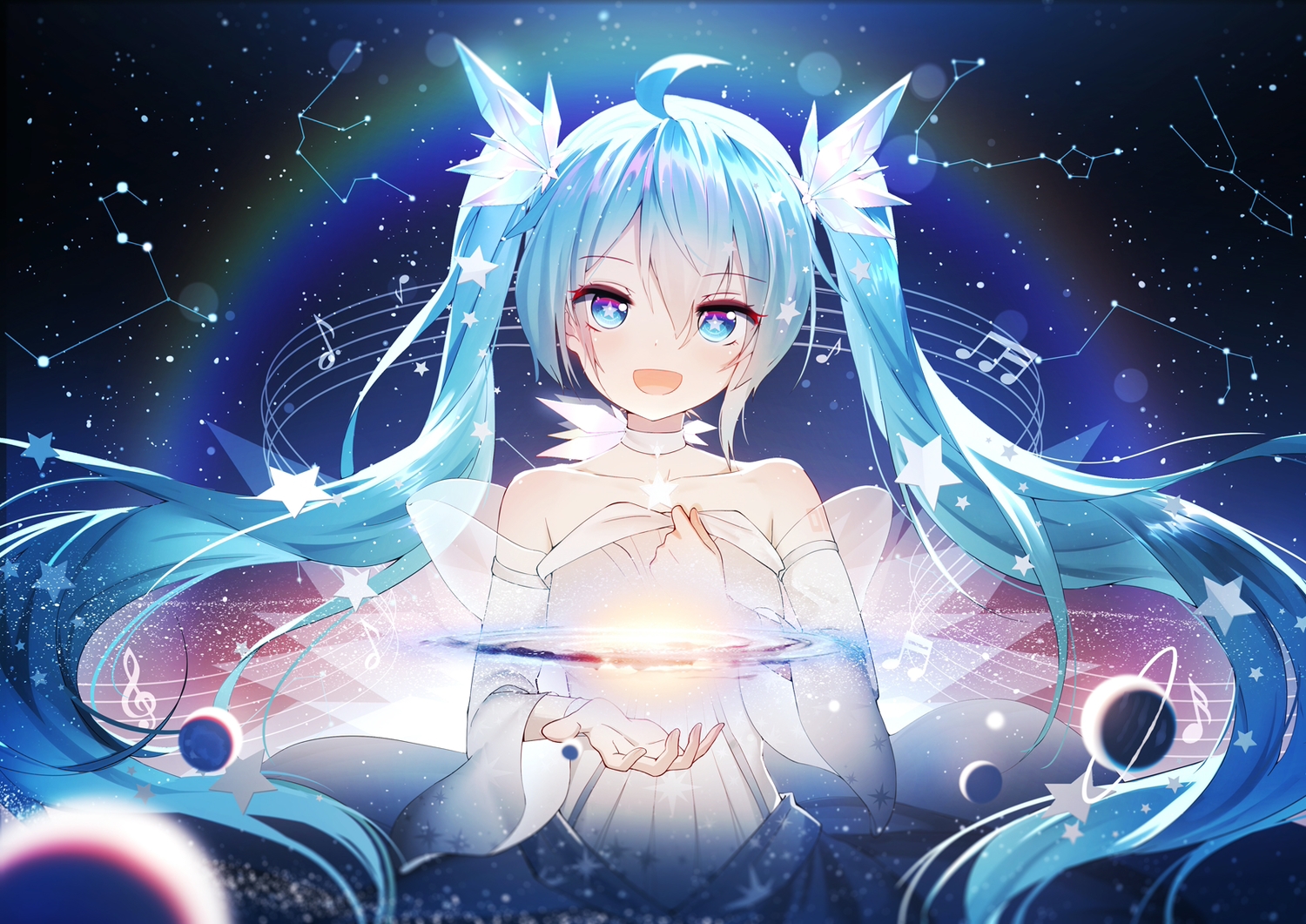 aqua_eyes, aqua_hair, choker, dress, hatsune_miku, long_hair, music, qys3