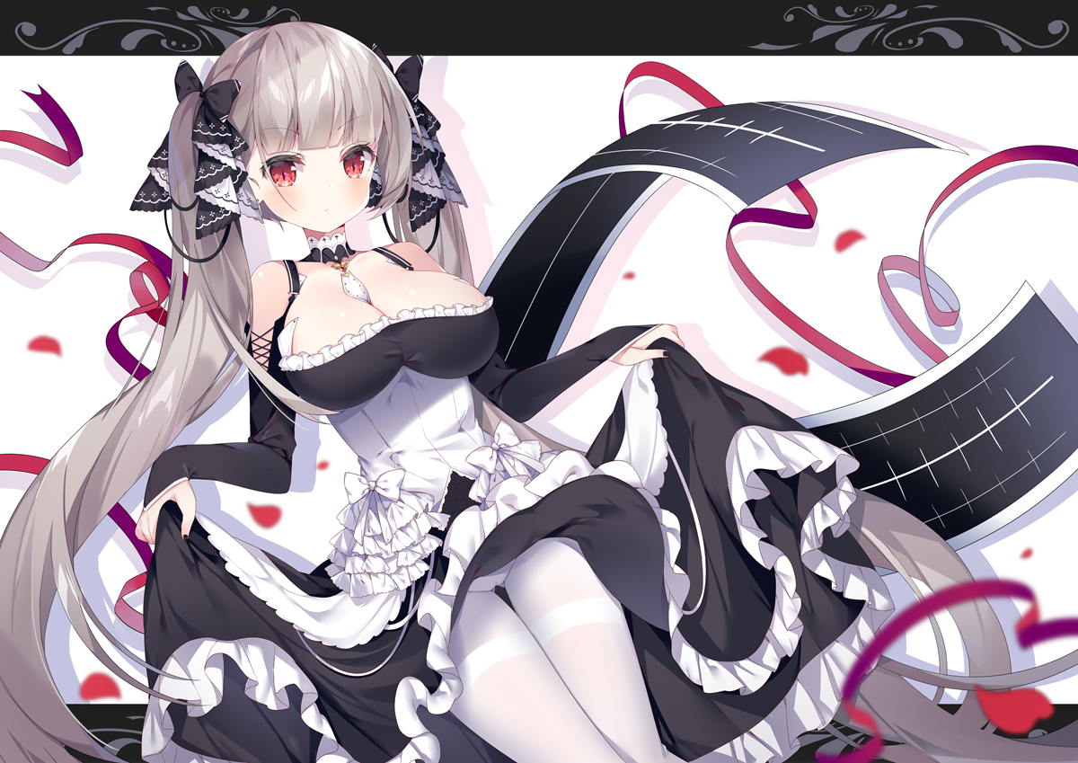 anthropomorphism, azur_lane, blush, breasts, cleavage, formidable_(azur_lane), goth-loli, gray_hair, lolita_fashion, long_hair, pantyhose, skirt_lift, tsukimi_(xiaohuasan), twintails