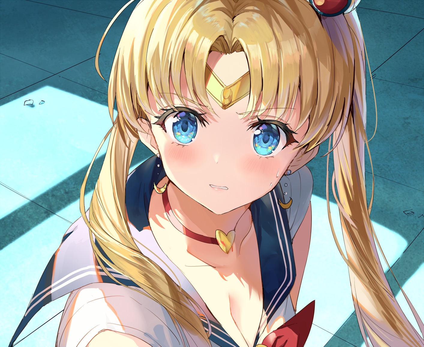 aqua_eyes, blonde_hair, blush, breasts, choker, cleavage, close, headband, long_hair, parody, rin_yuu, sailor_moon, sailor_moon_(character), school_uniform, tsukino_usagi, twintails