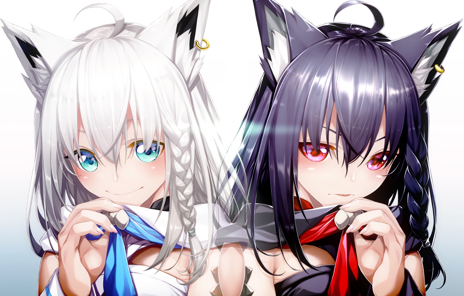 2girls, animal_ears, aqua_eyes, blush, braids, fenrir_(fenlil0316), foxgirl, gradient